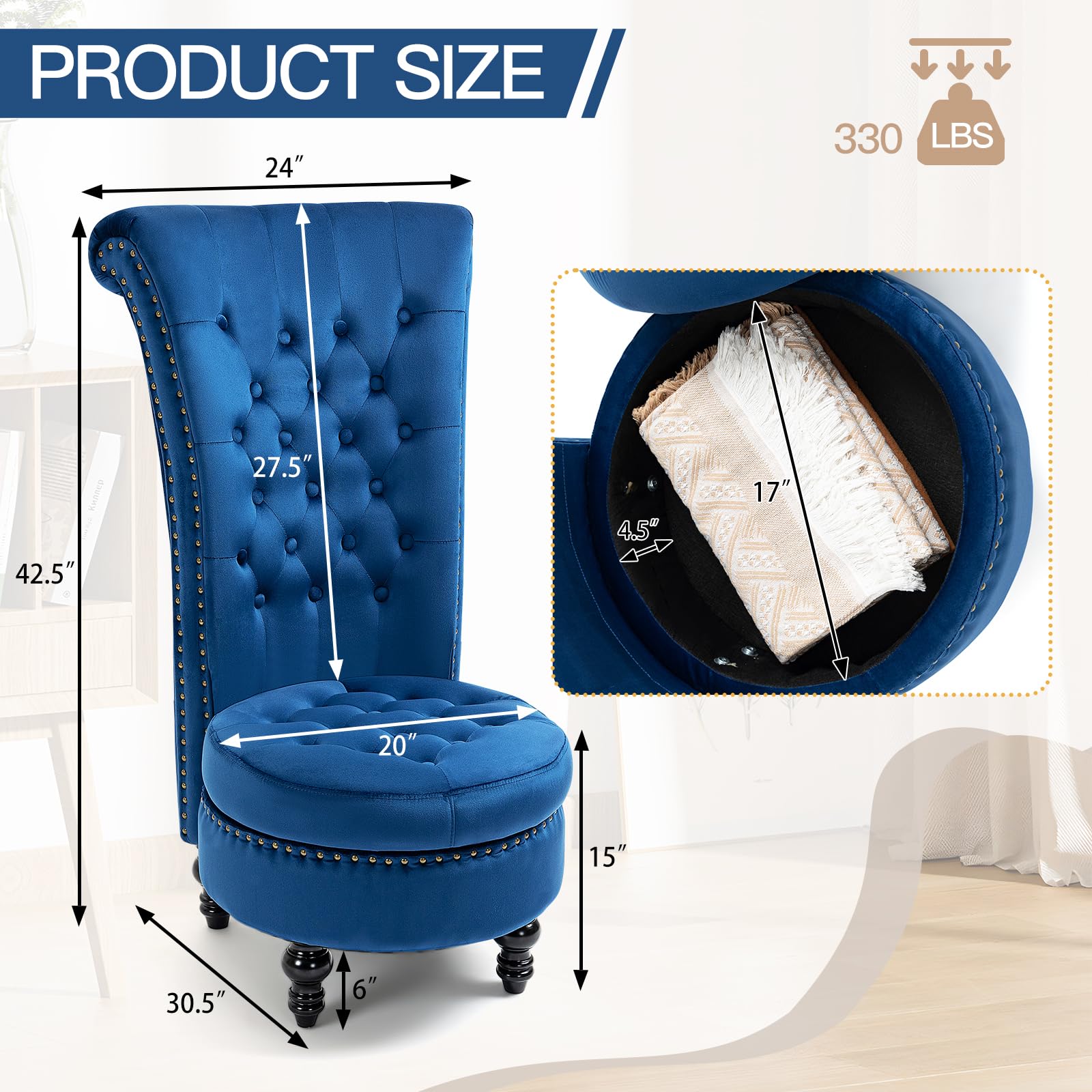 Homrest Throne High-Back Velvet Accent Chair with Storage – Blue