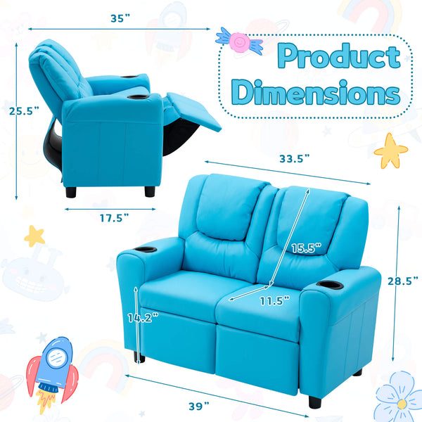 HOMREST Kids Recliner Chair, Double Kids Sofa Chair w/Cup Holder PU Leather, Toddler Loveseat Couch w/Adjustable Footrest & Headres for Boys Girls 3+ Age Group, Blue