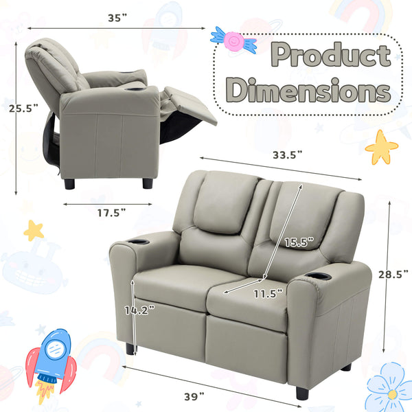 HOMREST Kids Recliner Chair, Double Kids Sofa Chair w/Cup Holder PU Leather, Toddler Loveseat Couch w/Adjustable Footrest & Headres for Boys Girls 3+ Age Group, Grey
