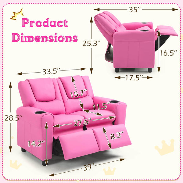 HOMREST Kids Recliner Chair, Double Kids Sofa Chair w/Cup Holder PU Leather, Toddler Loveseat Couch w/Adjustable Footrest & Headres for Boys Girls 3+ Age Group, Pink