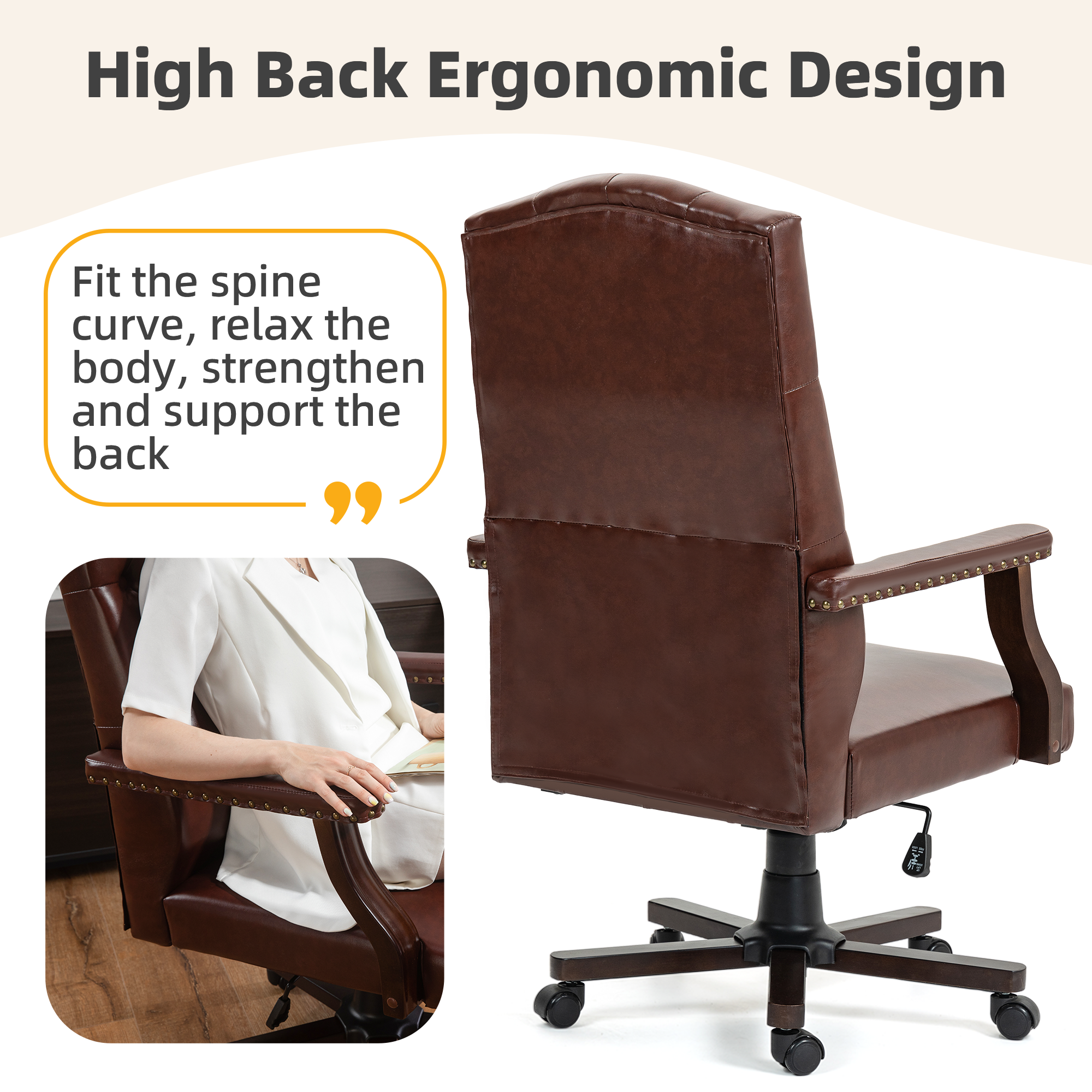 Homrest Executive Wingback Office Chair – Vintage Faux Leather, High-Back Swivel Design – Brown