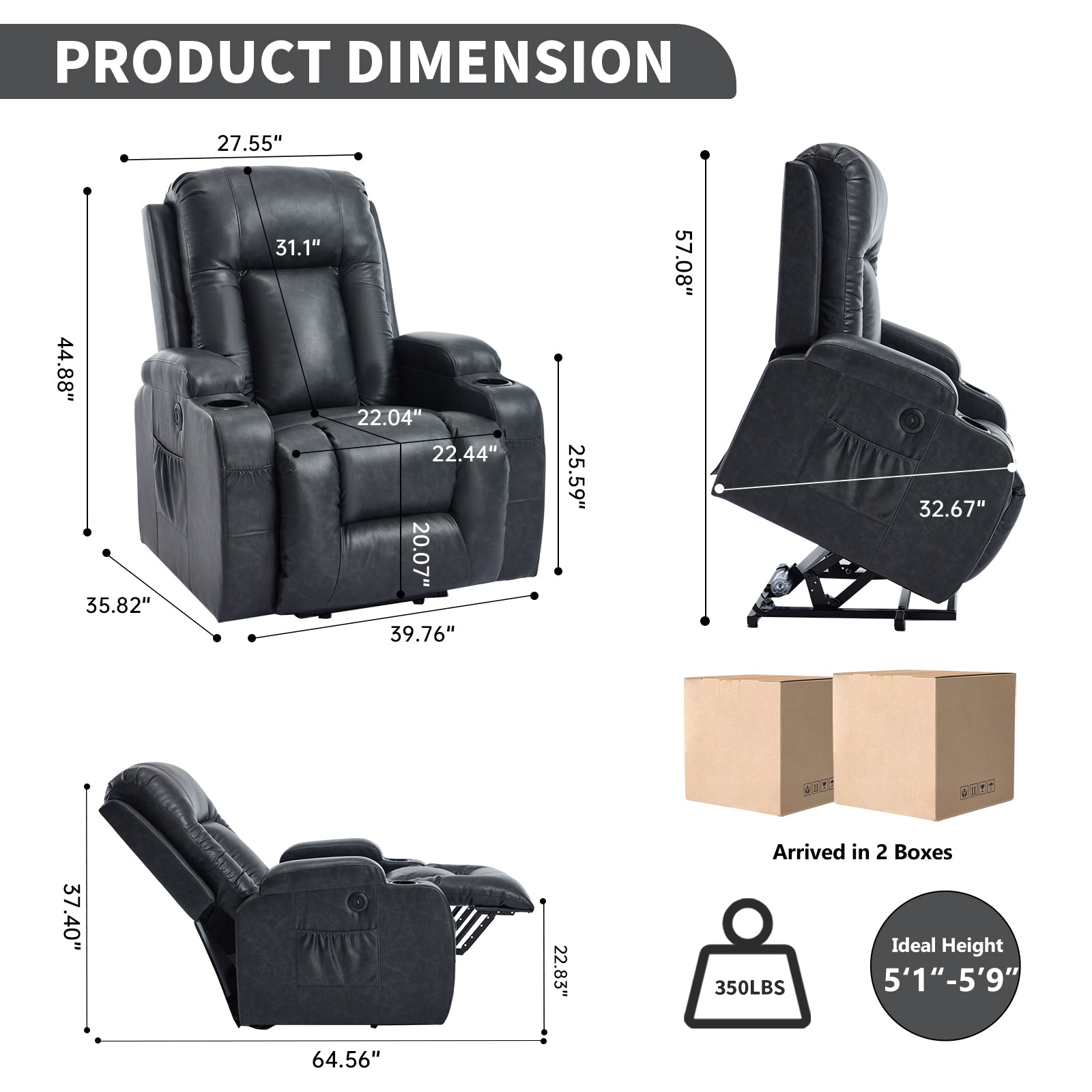 HOMREST PU Infinite Position Power Lift Recliner Chair for Elderly, 8-Point Massage & Heating, Gray