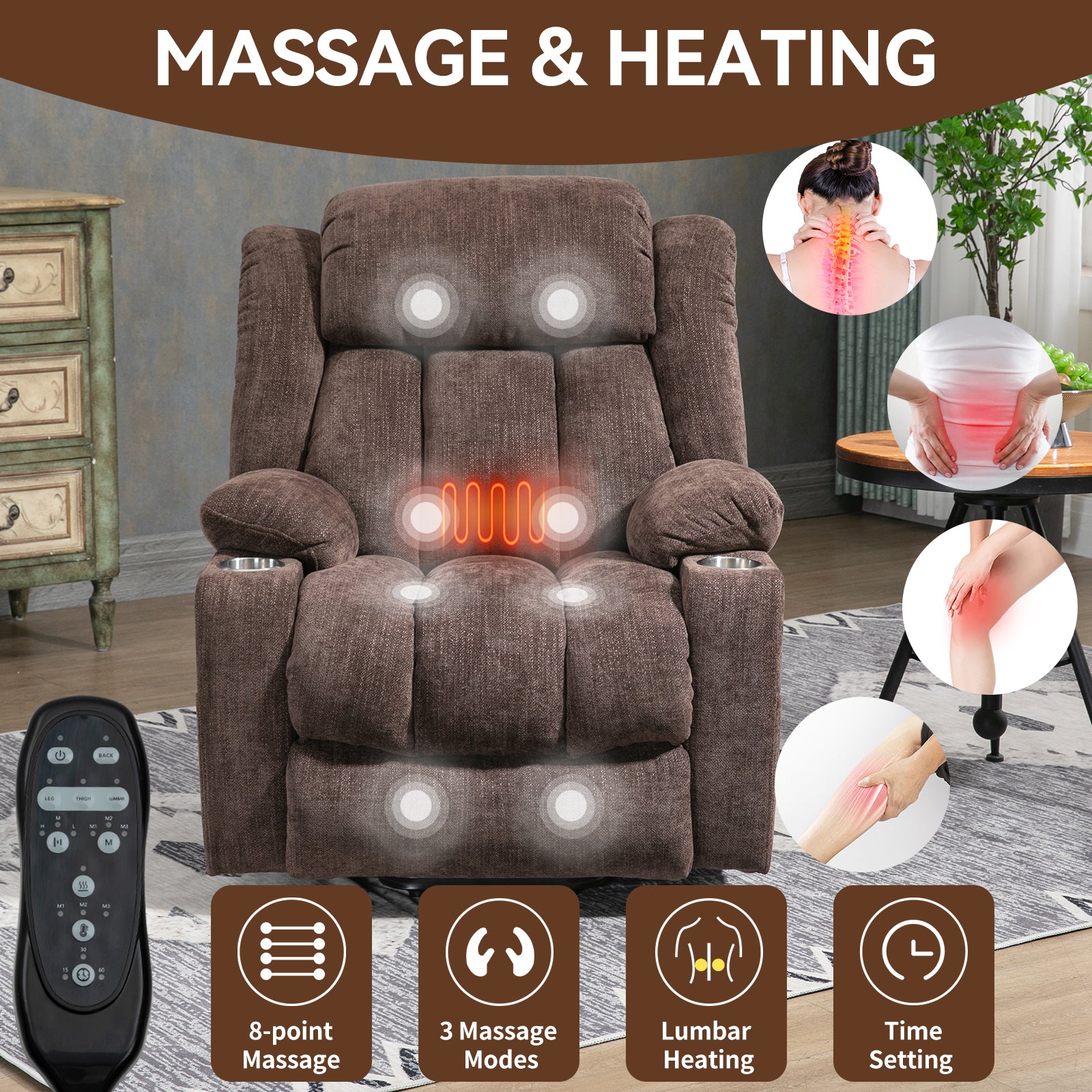 Homrest Premium Electric Recliner Chair with 8-Point Massage & Heating, Plush Chenille Fabric, Dark Brown