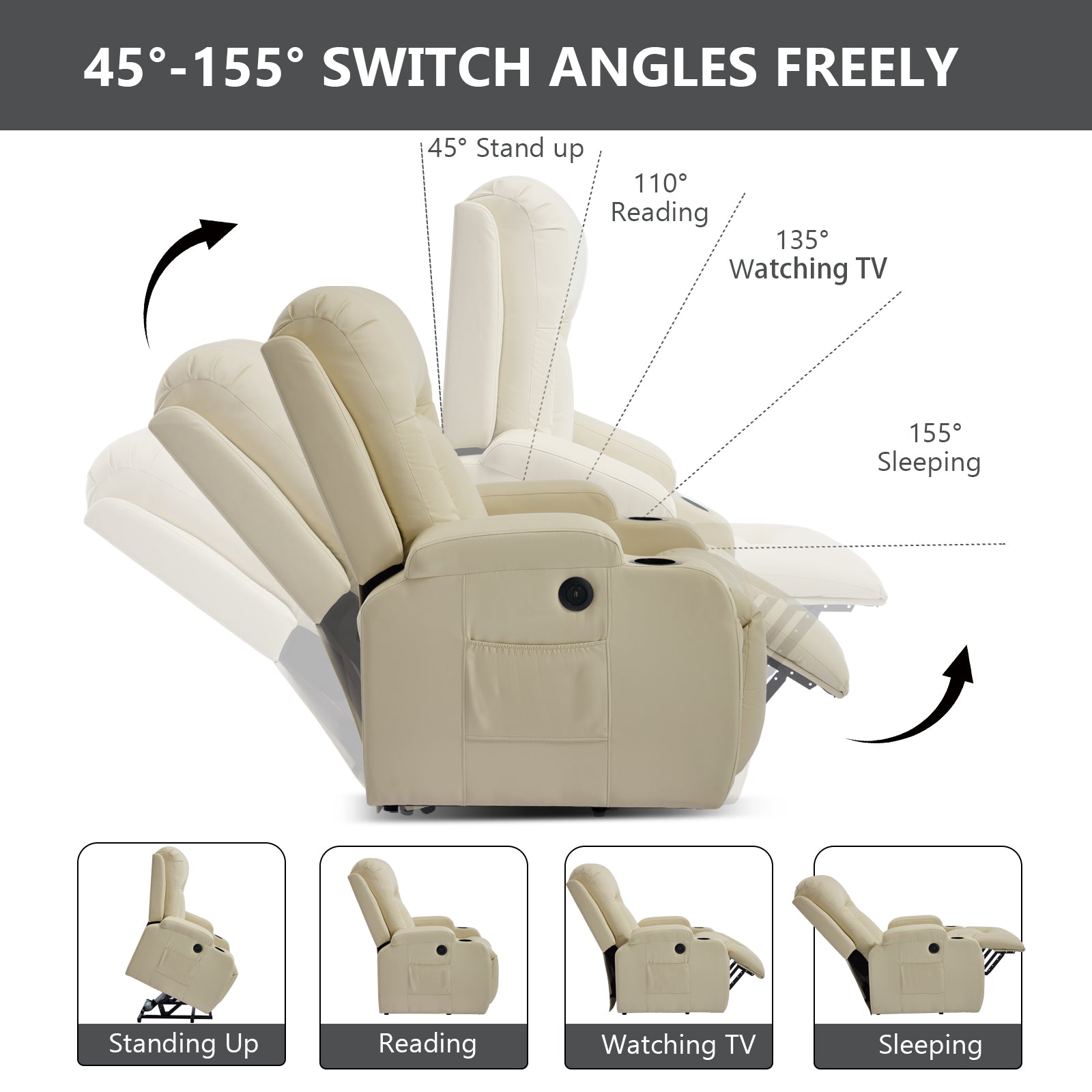 HOMREST PU Infinite Position Power Lift Recliner Chair for Elderly, 8-Point Massage & Heating, Beige