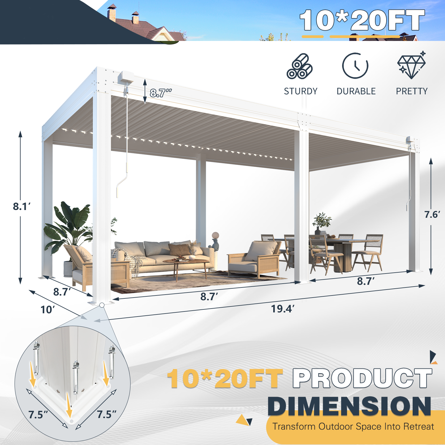 HOMREST 10x20FT Louvered Pergola with 6-Panel Pull-Down Screen, White