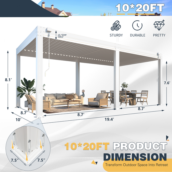 HOMREST 10x20FT Louvered Pergola with 6-Panel Pull-Down Screen, Aluminum Pergola with Adjustable Rainproof Roof for Patio, Lawn & Garden, White