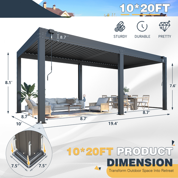 HOMREST 10x20FT Louvered Pergola with 6-Panel Pull-Down Screen, Aluminum Pergola with Adjustable Rainproof Roof for Patio, Lawn & Garden, Dark Gray