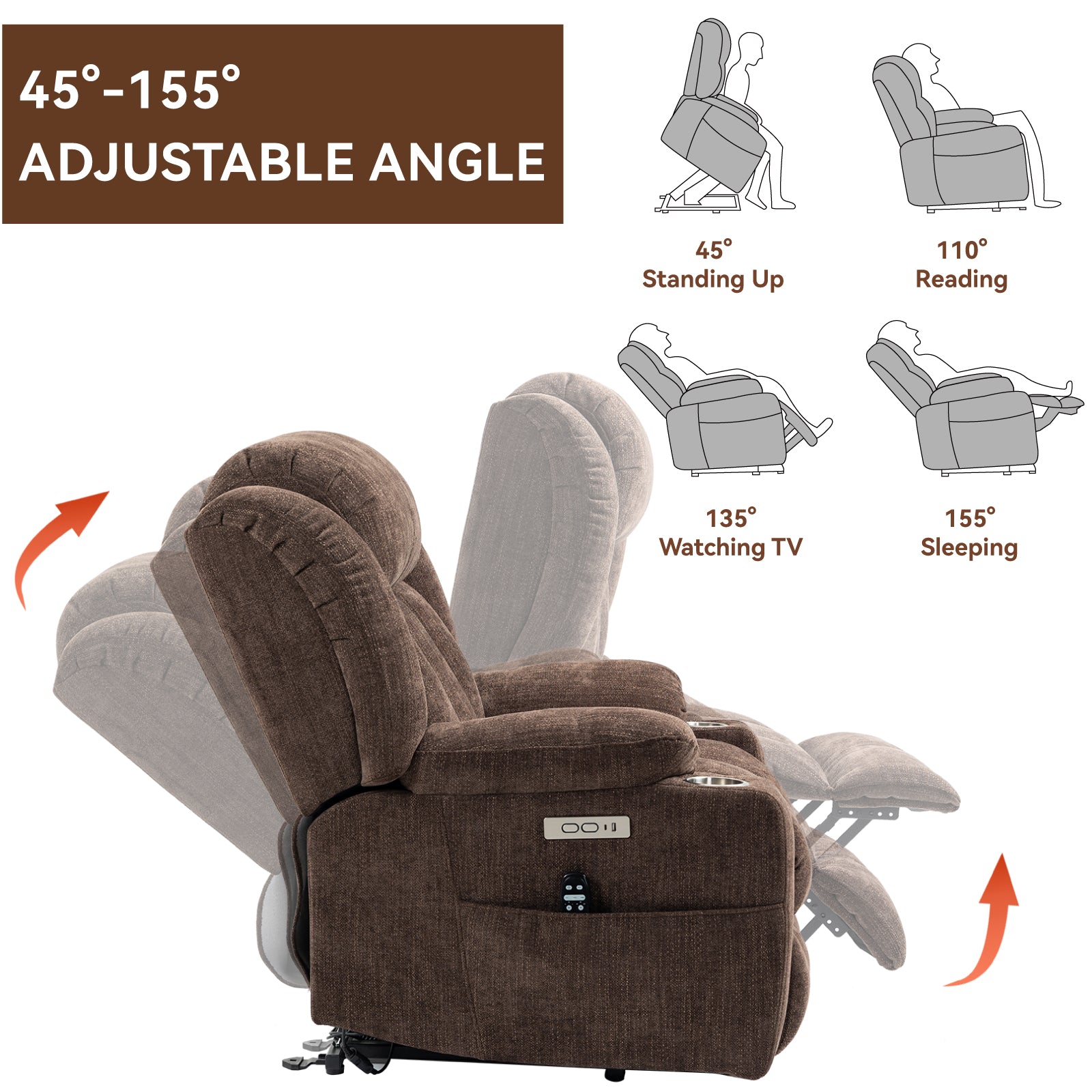 Homrest Premium Electric Recliner Chair with 8-Point Massage & Heating, Plush Chenille Fabric, Dark Brown