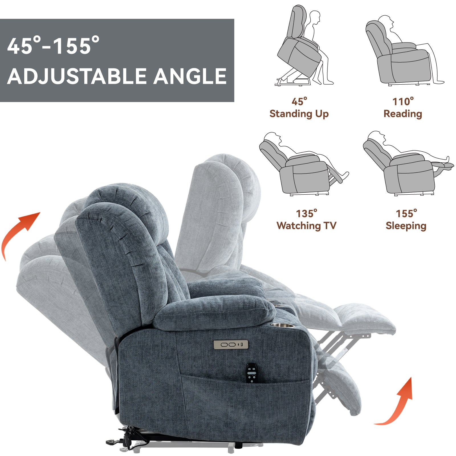 Homrest Premium Electric Recliner Chair with 8-Point Massage & Heating, Plush Chenille Fabric, Gray Blue