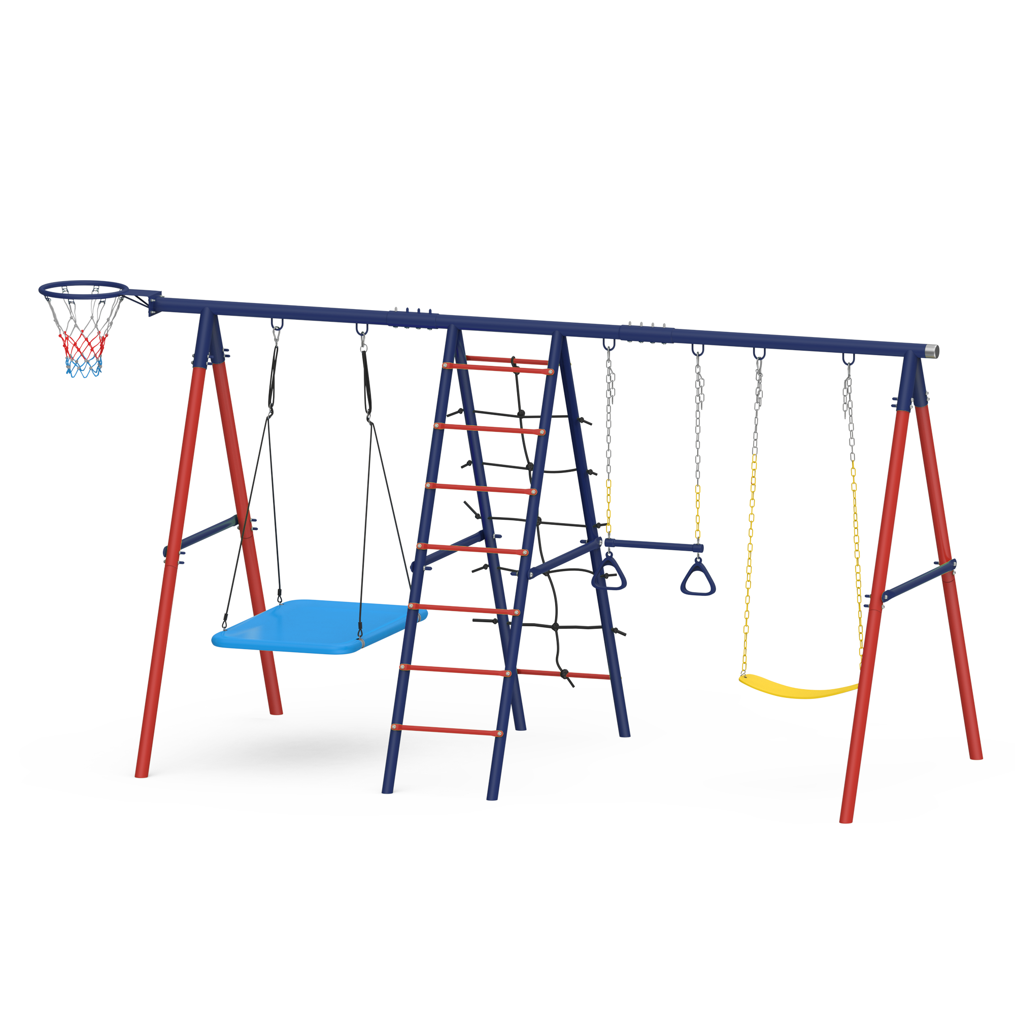 Homrest 5 in 1 Lifetime Swing Set for Backyard, Heavy Duty Kids Playground with Square Swing, Belt Swing, Climbing Ladder, Basketball Hoop & Hanging Rings, Outdoor Playset Holds Up to 440 lbs