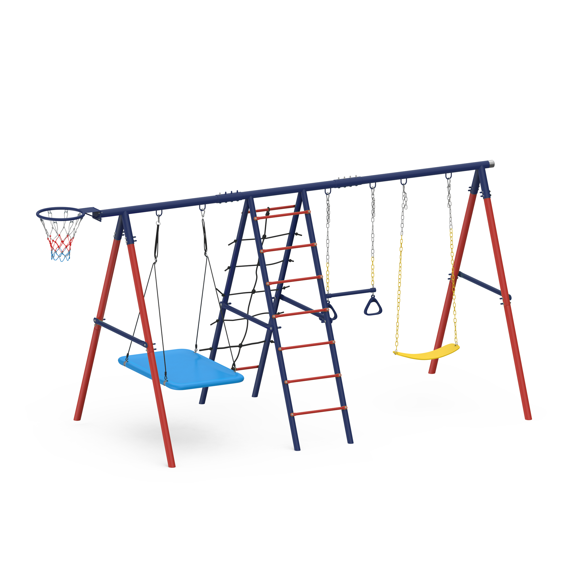 Homrest 5 in 1 Lifetime Swing Set for Backyard, Heavy Duty Kids Playground with Square Swing, Belt Swing, Climbing Ladder, Basketball Hoop & Hanging Rings, Outdoor Playset Holds Up to 440 lbs