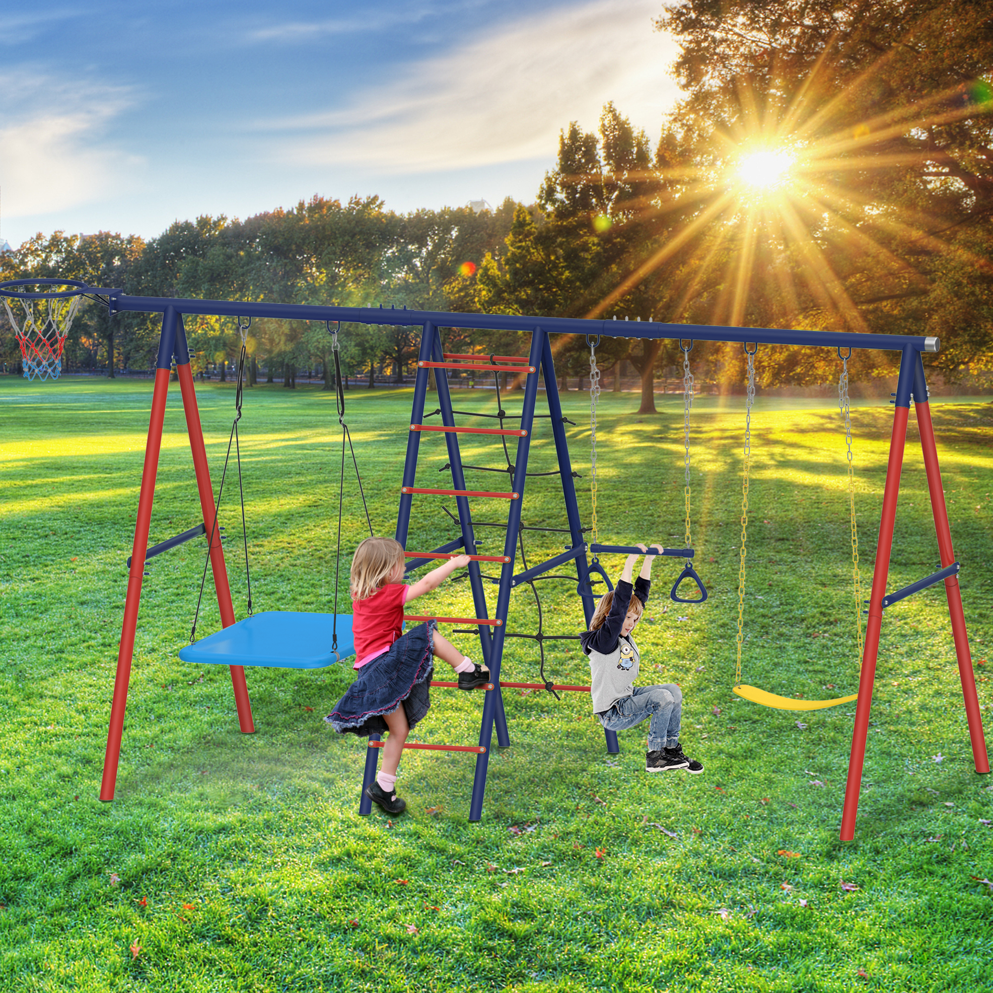 Homrest 5 in 1 Lifetime Swing Set for Backyard, Heavy Duty Kids Playground with Square Swing, Belt Swing, Climbing Ladder, Basketball Hoop & Hanging Rings, Outdoor Playset Holds Up to 440 lbs