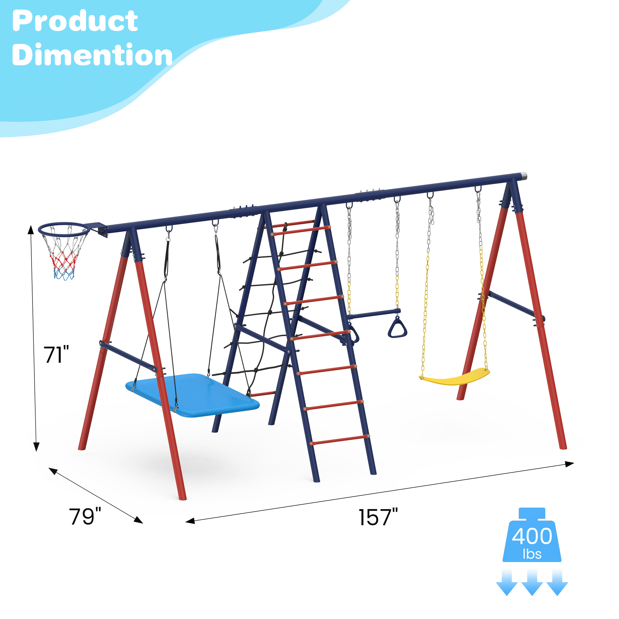 Homrest 5 in 1 Lifetime Swing Set for Backyard, Heavy Duty Kids Playground with Square Swing, Belt Swing, Climbing Ladder, Basketball Hoop & Hanging Rings, Outdoor Playset Holds Up to 440 lbs
