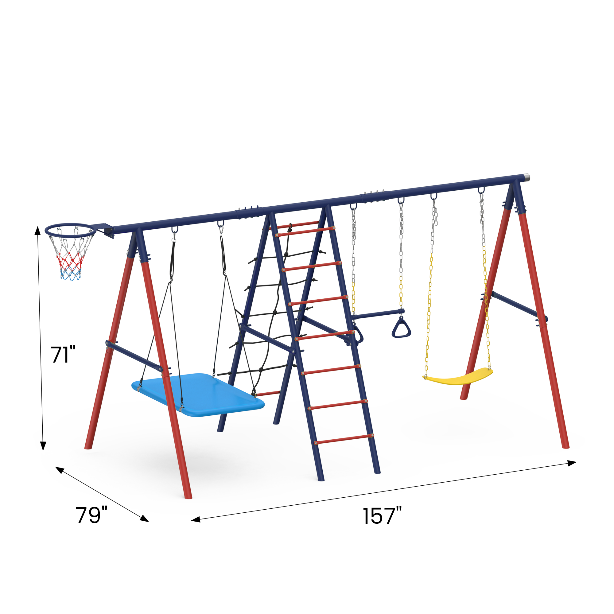 Homrest 5 in 1 Lifetime Swing Set for Backyard, Heavy Duty Kids Playground with Square Swing, Belt Swing, Climbing Ladder, Basketball Hoop & Hanging Rings, Outdoor Playset Holds Up to 440 lbs