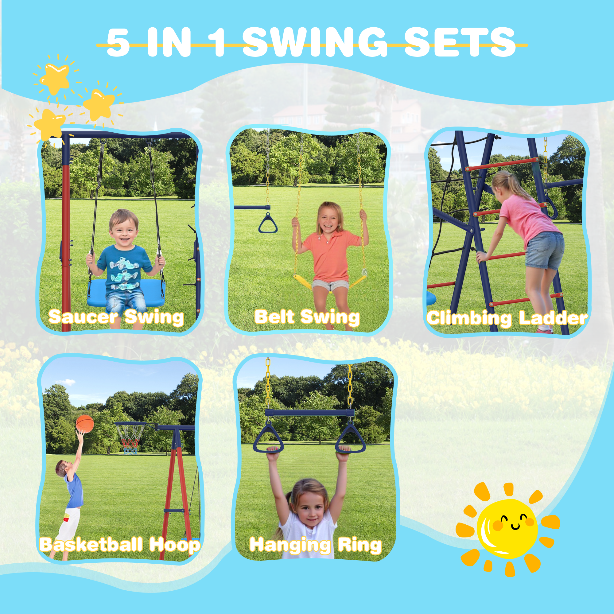 Homrest 5 in 1 Lifetime Swing Set for Backyard, Heavy Duty Kids Playground with Square Swing, Belt Swing, Climbing Ladder, Basketball Hoop & Hanging Rings, Outdoor Playset Holds Up to 440 lbs