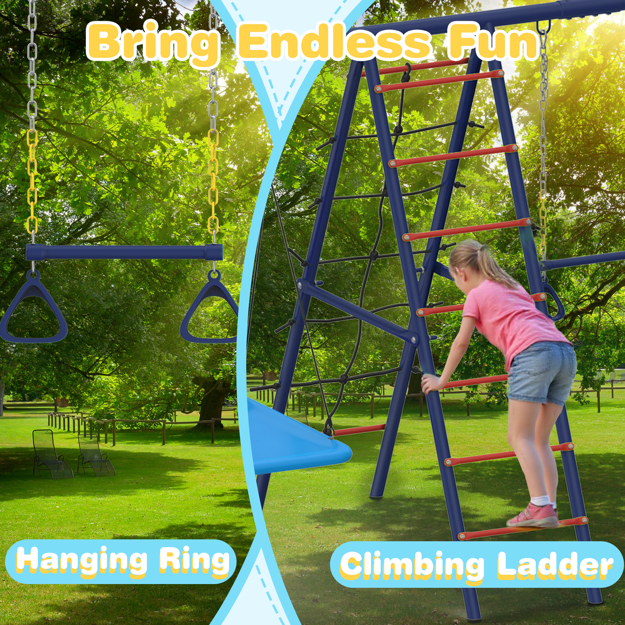 Homrest 5 in 1 Lifetime Swing Set for Backyard, Heavy Duty Kids Playground with Square Swing, Belt Swing, Climbing Ladder, Basketball Hoop & Hanging Rings, Outdoor Playset Holds Up to 440 lbs