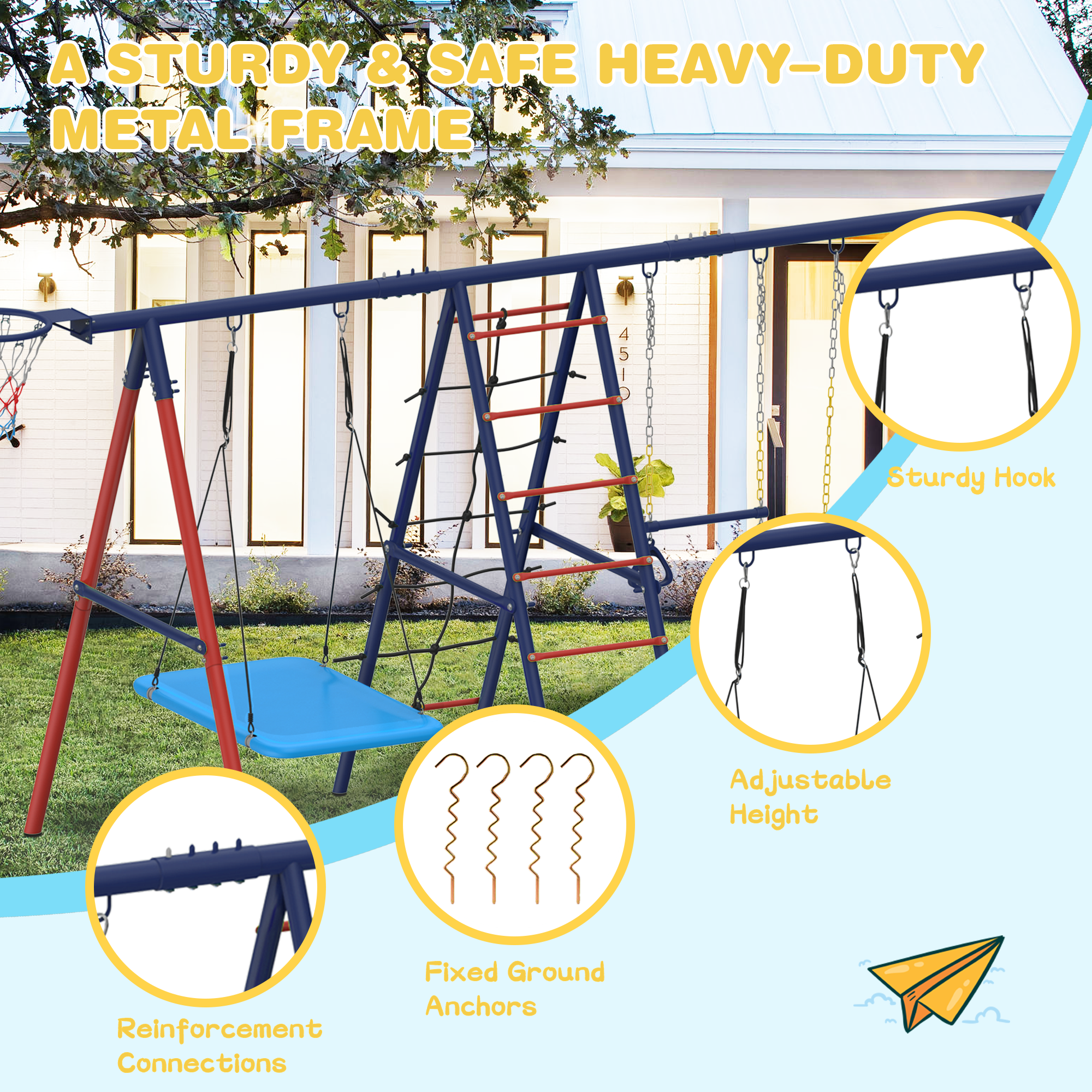 Homrest 5 in 1 Lifetime Swing Set for Backyard, Heavy Duty Kids Playground with Square Swing, Belt Swing, Climbing Ladder, Basketball Hoop & Hanging Rings, Outdoor Playset Holds Up to 440 lbs