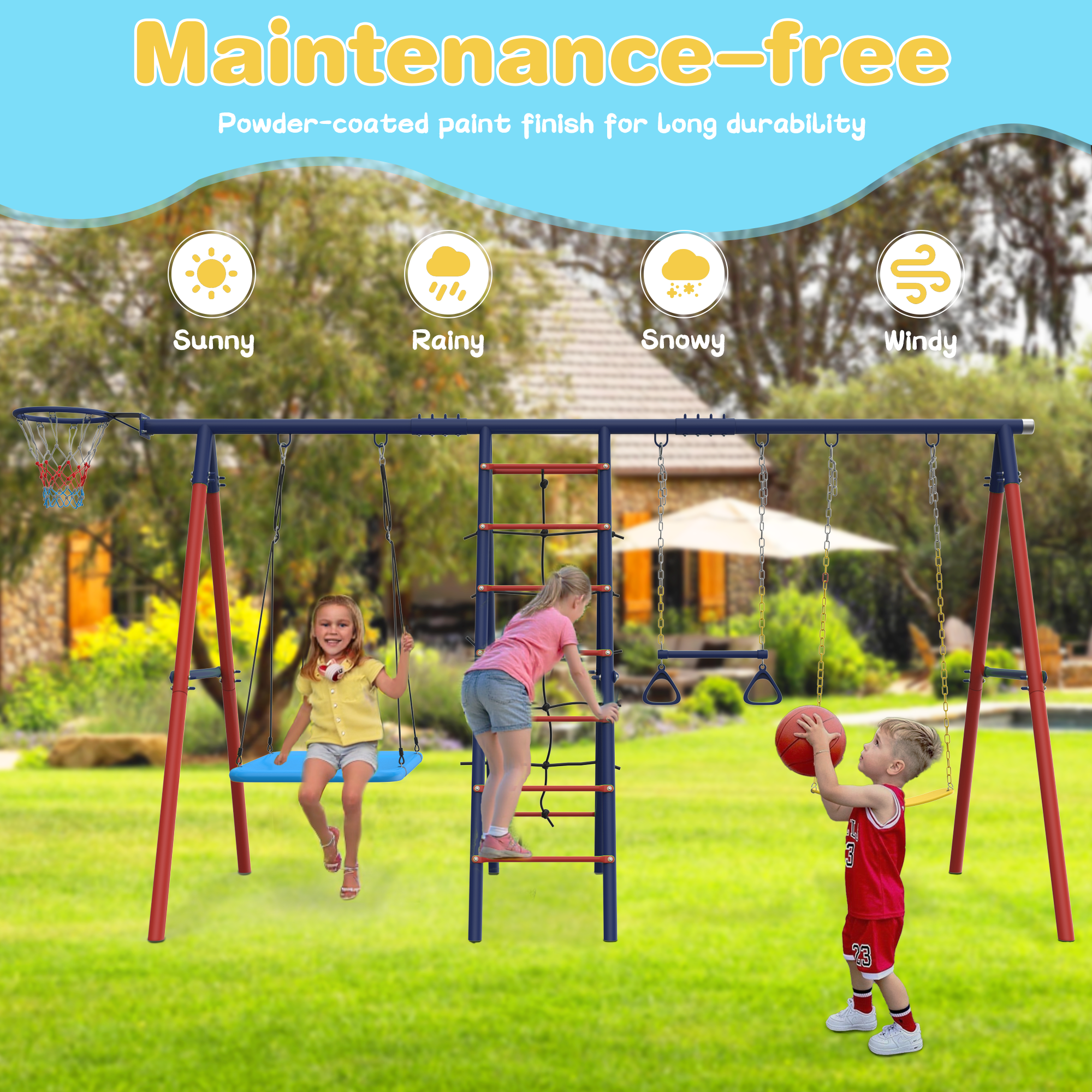 Homrest 5 in 1 Lifetime Swing Set for Backyard, Heavy Duty Kids Playground with Square Swing, Belt Swing, Climbing Ladder, Basketball Hoop & Hanging Rings, Outdoor Playset Holds Up to 440 lbs