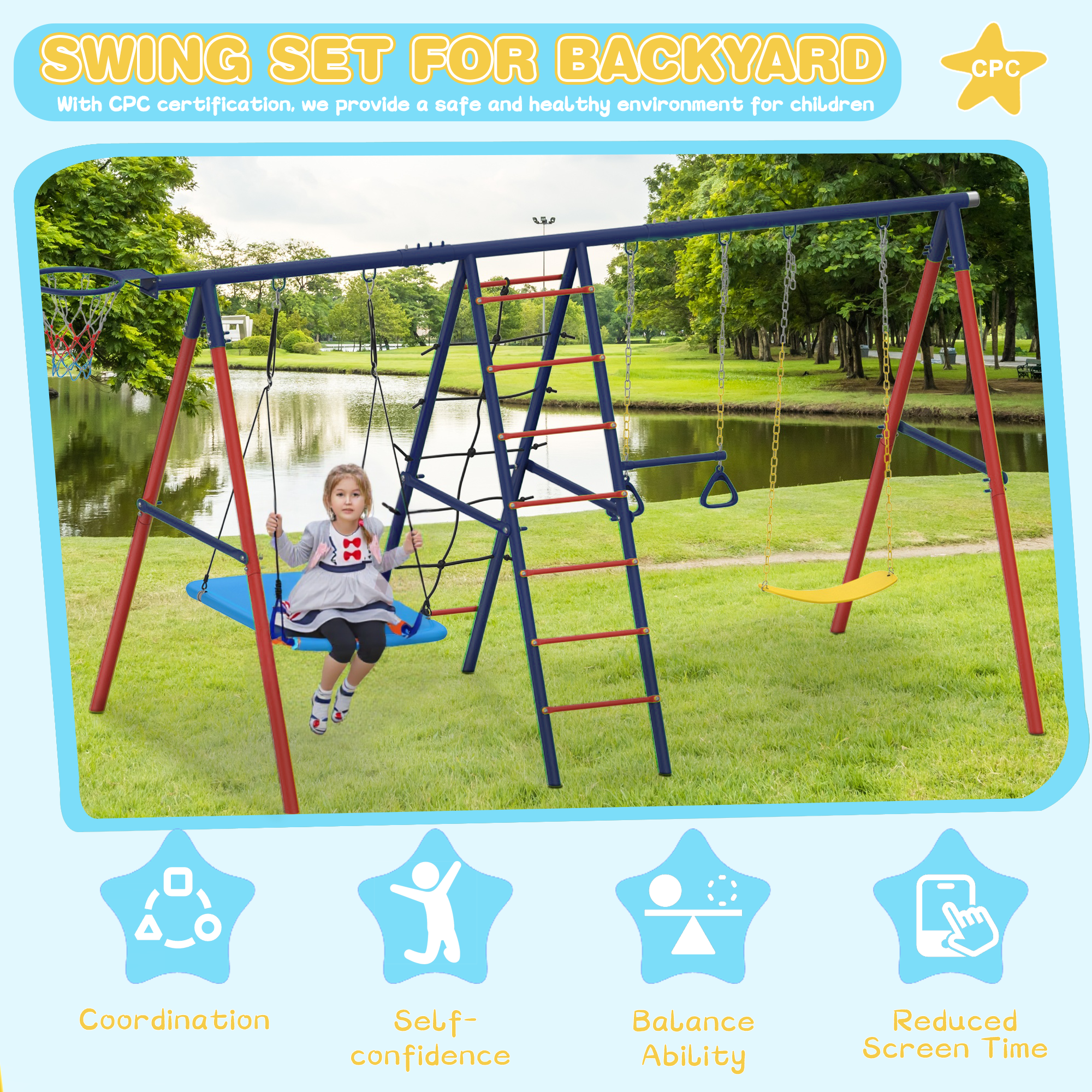 Homrest 5 in 1 Lifetime Swing Set for Backyard, Heavy Duty Kids Playground with Square Swing, Belt Swing, Climbing Ladder, Basketball Hoop & Hanging Rings, Outdoor Playset Holds Up to 440 lbs
