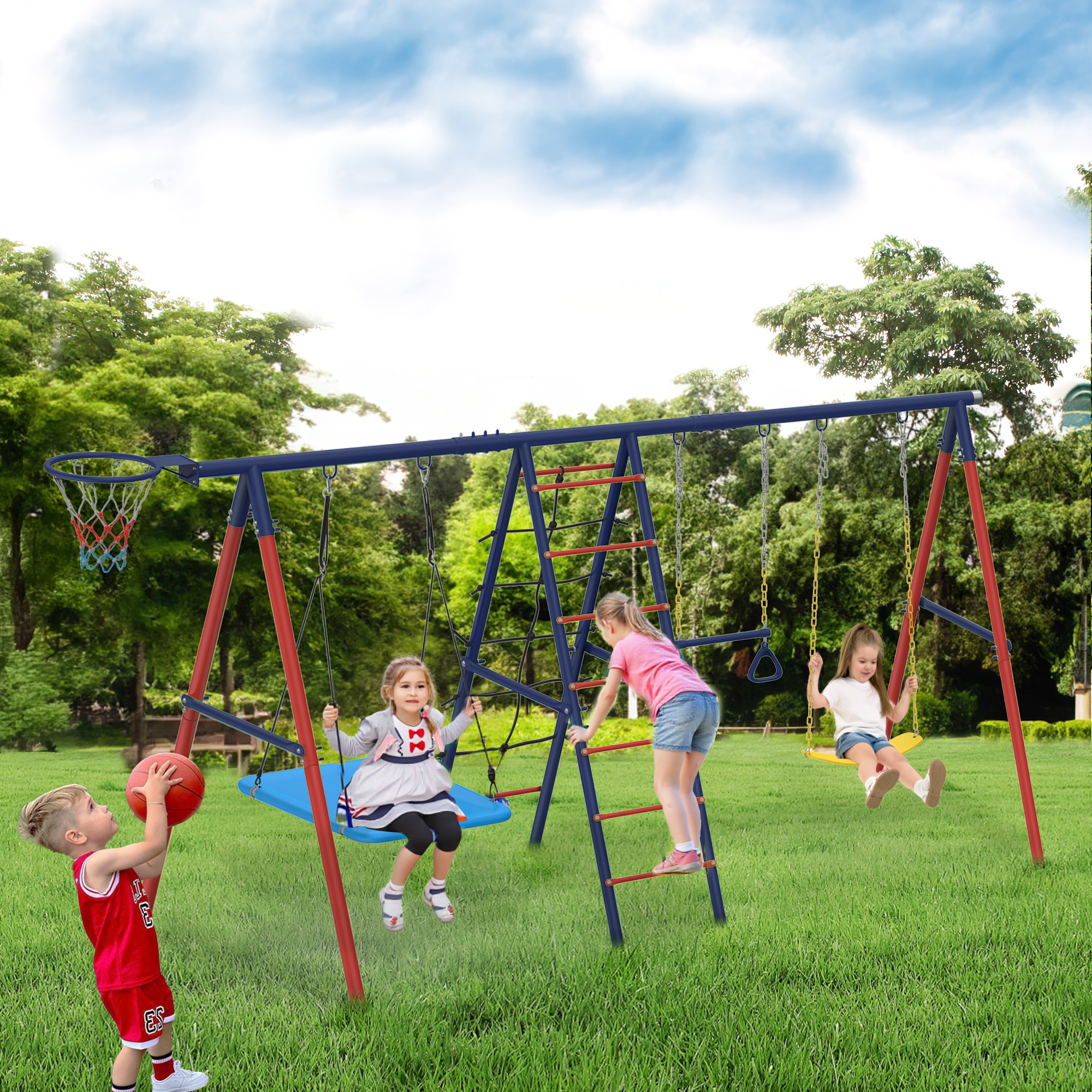 Homrest 5 in 1 Lifetime Swing Set for Backyard, Heavy Duty Kids Playground with Square Swing, Belt Swing, Climbing Ladder, Basketball Hoop & Hanging Rings, Outdoor Playset Holds Up to 440 lbs