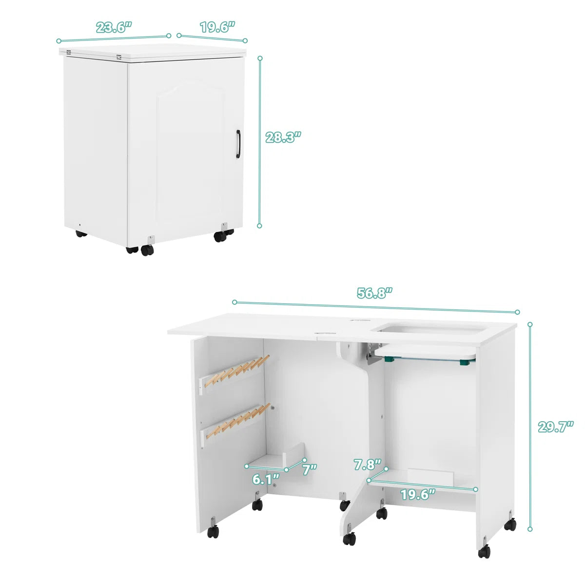 HOMREST 56.8" X 19.6" Folding Sewing Table, Portable Craft Station With Storage Shelf, Liftable Panel, White