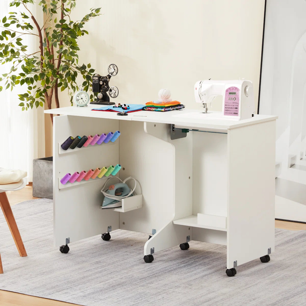 HOMREST 56.8" X 19.6" Folding Sewing Table, Portable Craft Station With Storage Shelf, Liftable Panel, White