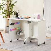 HOMREST 56.8" X 19.6" Folding Sewing Table, Portable Craft Station With Storage Shelf, Liftable Panel, White