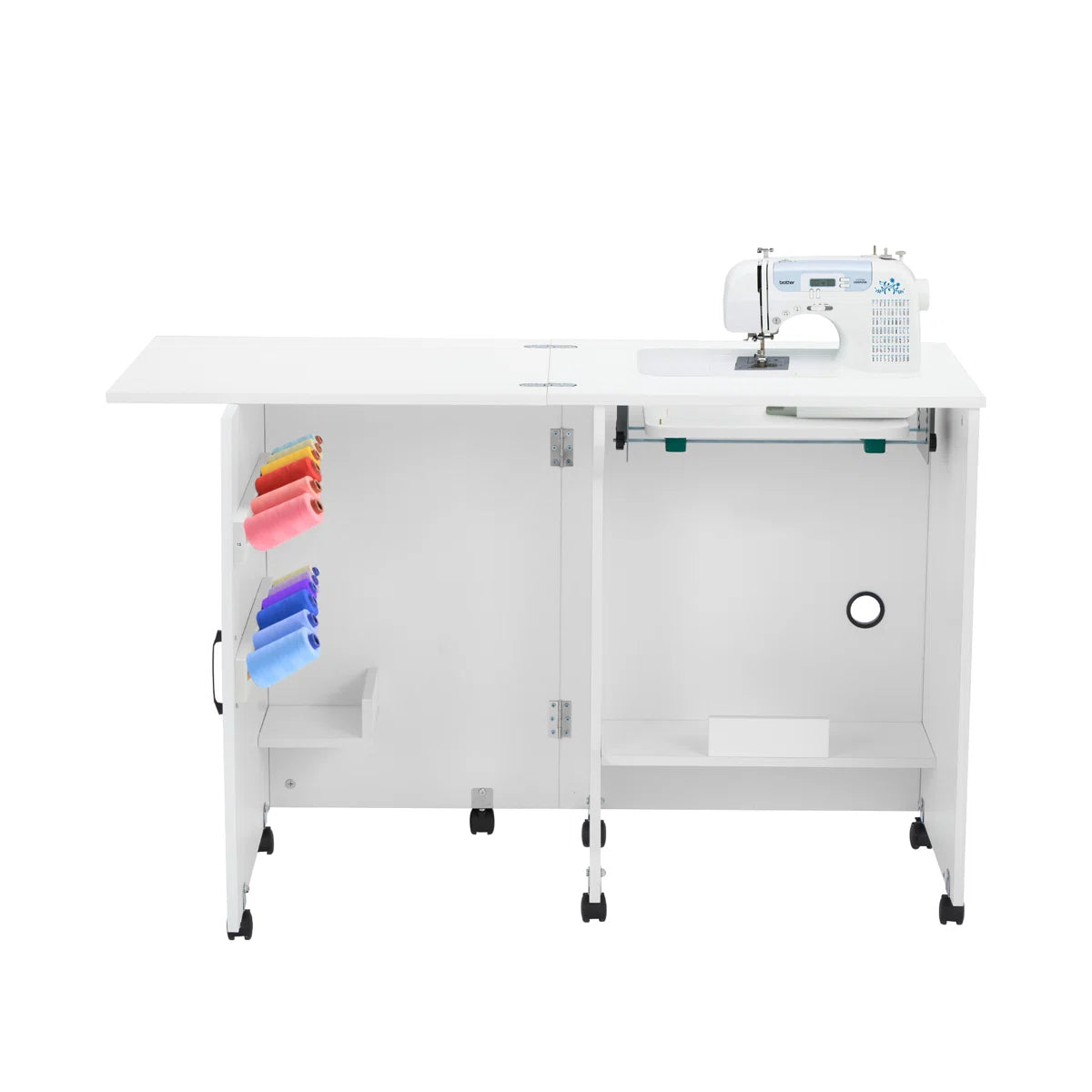 HOMREST 56.8" X 19.6" Folding Sewing Table, Portable Craft Station With Storage Shelf, Liftable Panel, White