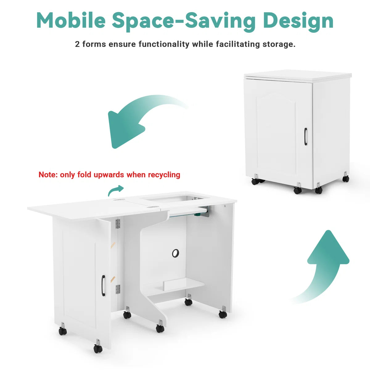 HOMREST 56.8" X 19.6" Folding Sewing Table, Portable Craft Station With Storage Shelf, Liftable Panel, White