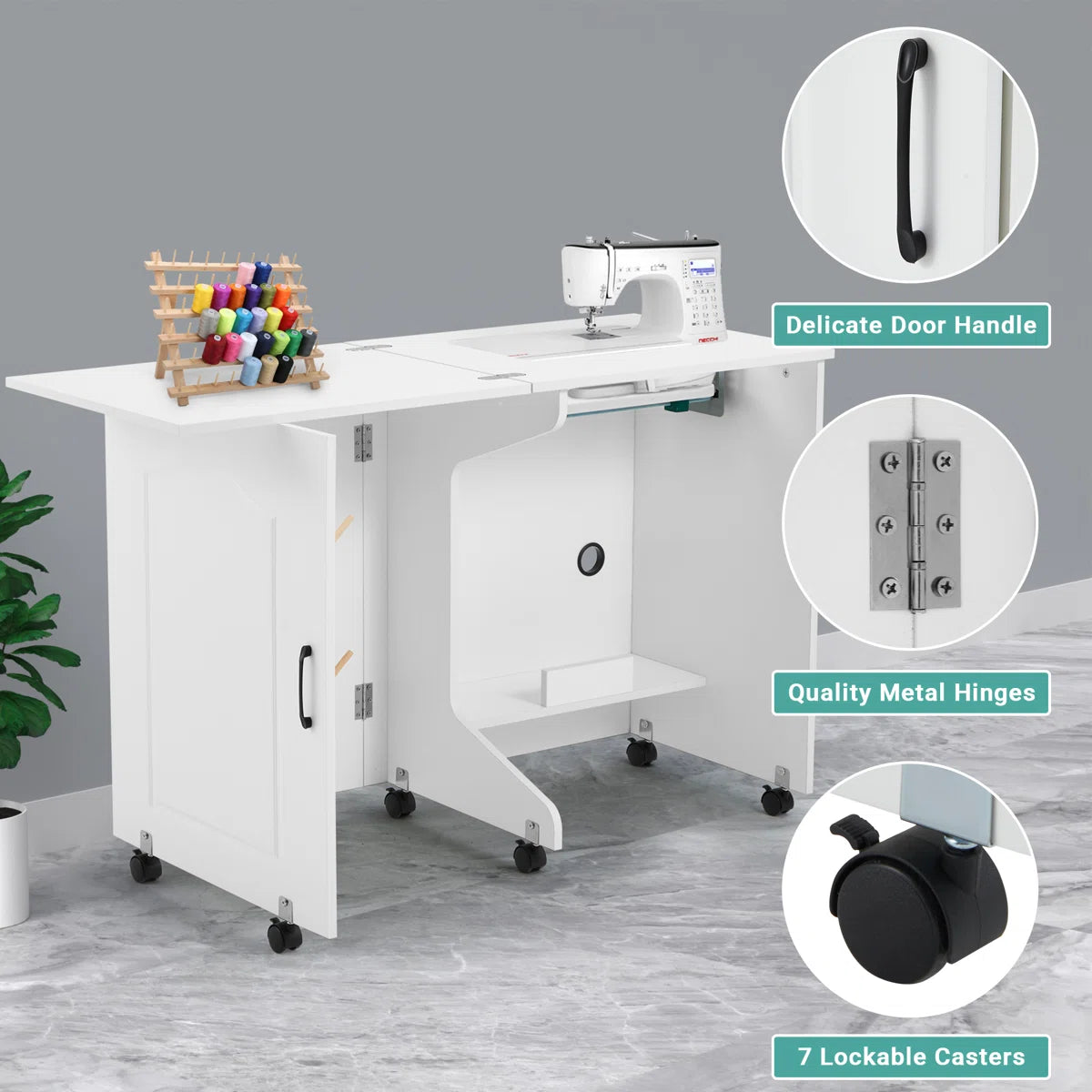 HOMREST 56.8" X 19.6" Folding Sewing Table, Portable Craft Station With Storage Shelf, Liftable Panel, White