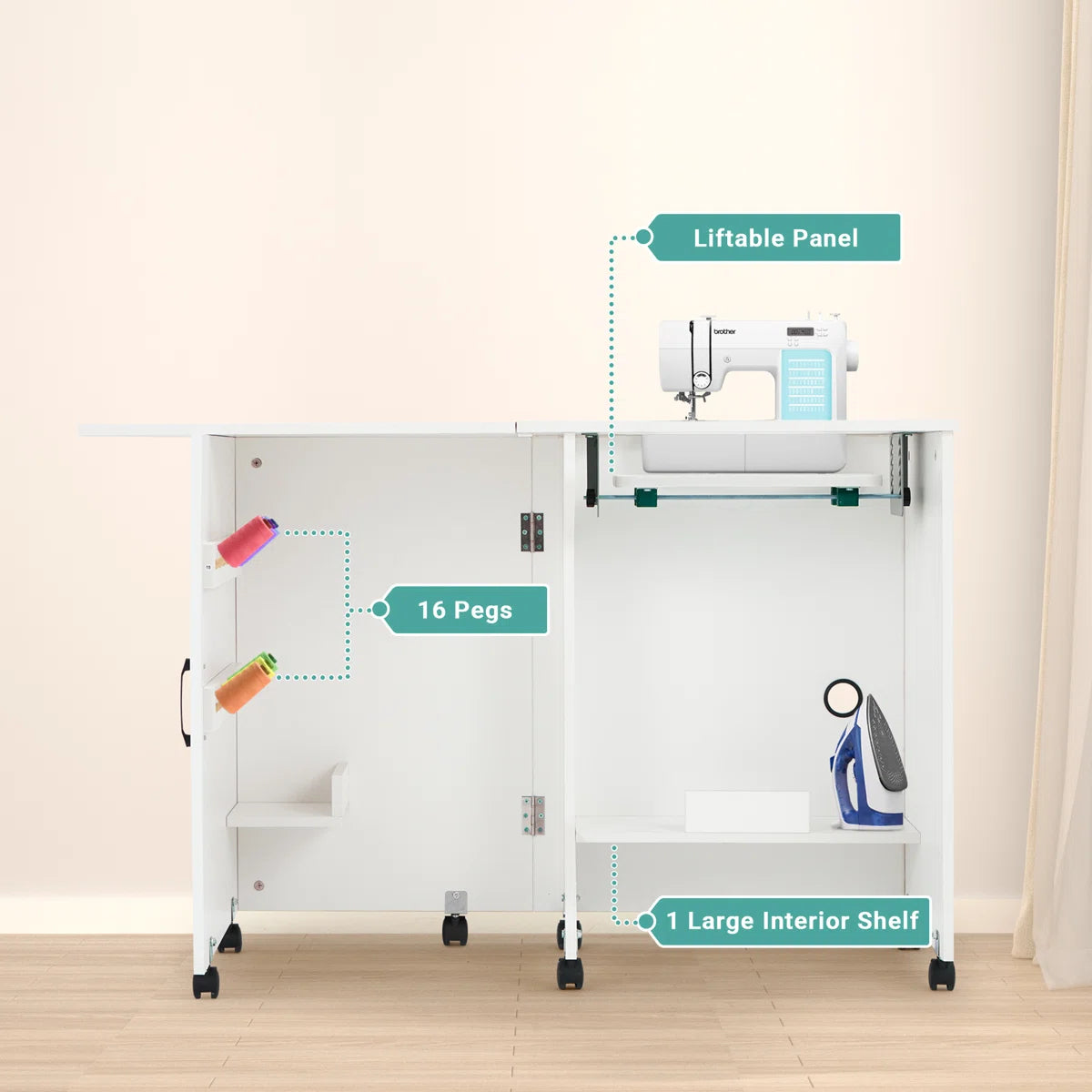 HOMREST 56.8" X 19.6" Folding Sewing Table, Portable Craft Station With Storage Shelf, Liftable Panel, White