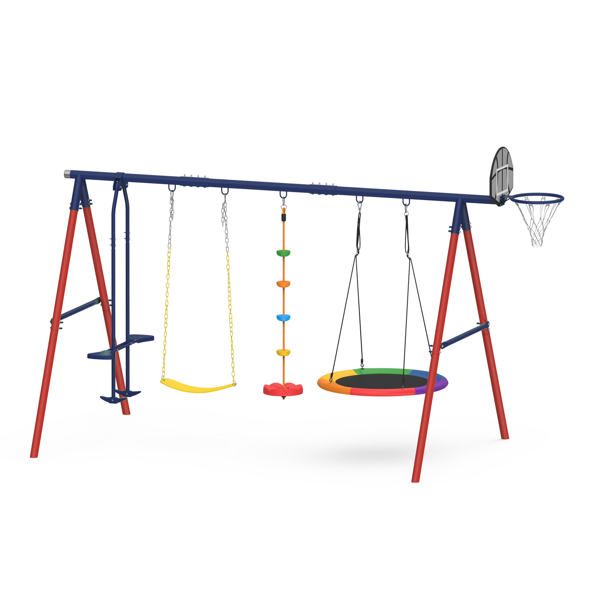 Homrest 5 in 1 Lifetime Swing Set for Backyard, Heavy Duty Kids Playground with Saucer Swing, Belt Swing, Seesaw, Basketball Hoop &  Rope Swing, Outdoor Playset Holds Up to 440 lbs