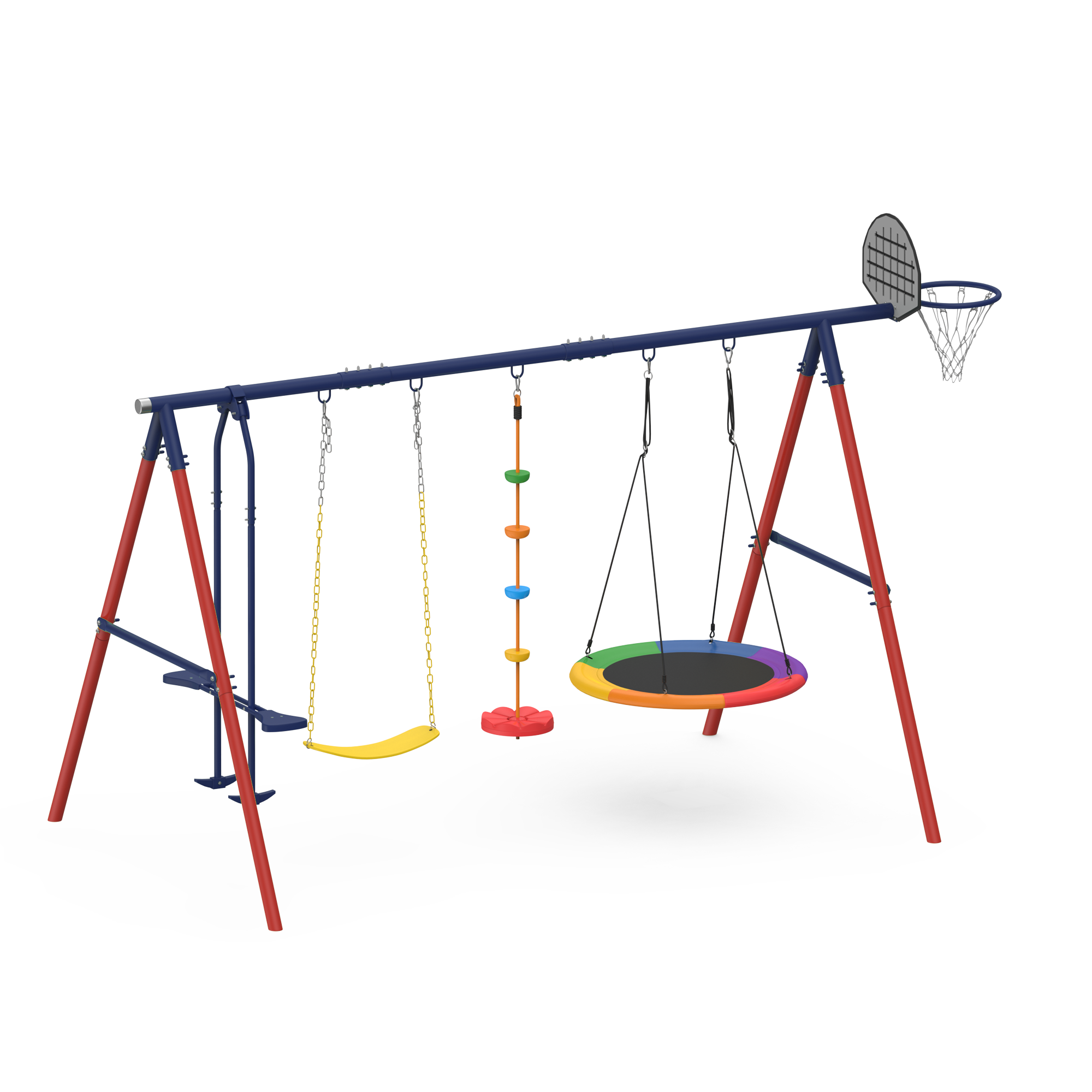 Homrest 5 in 1 Lifetime Swing Set for Backyard, Heavy Duty Kids Playground with Saucer Swing, Belt Swing, Seesaw, Basketball Hoop &  Rope Swing, Outdoor Playset Holds Up to 440 lbs