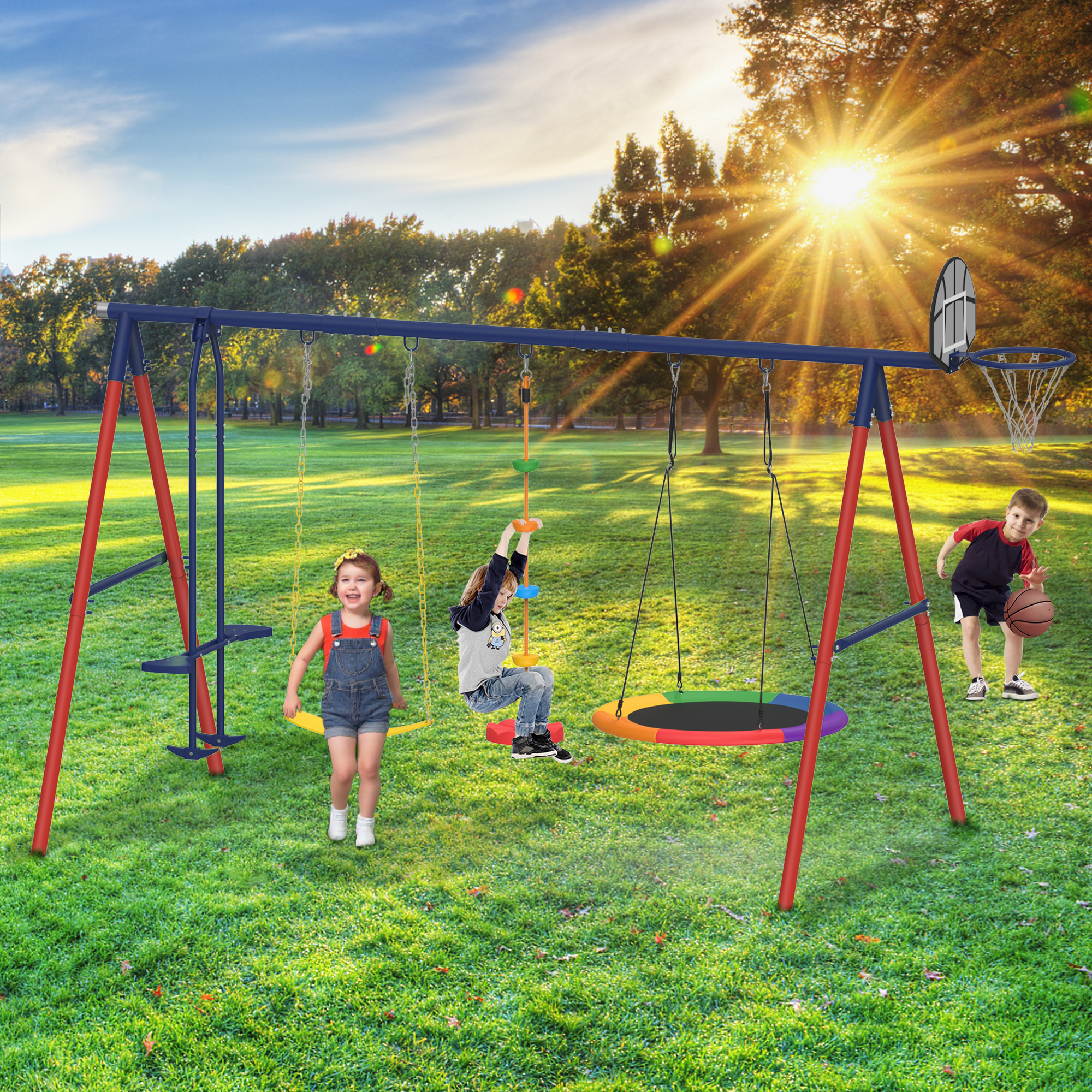 Homrest 5 in 1 Lifetime Swing Set for Backyard, Heavy Duty Kids Playground with Saucer Swing, Belt Swing, Seesaw, Basketball Hoop &  Rope Swing, Outdoor Playset Holds Up to 440 lbs