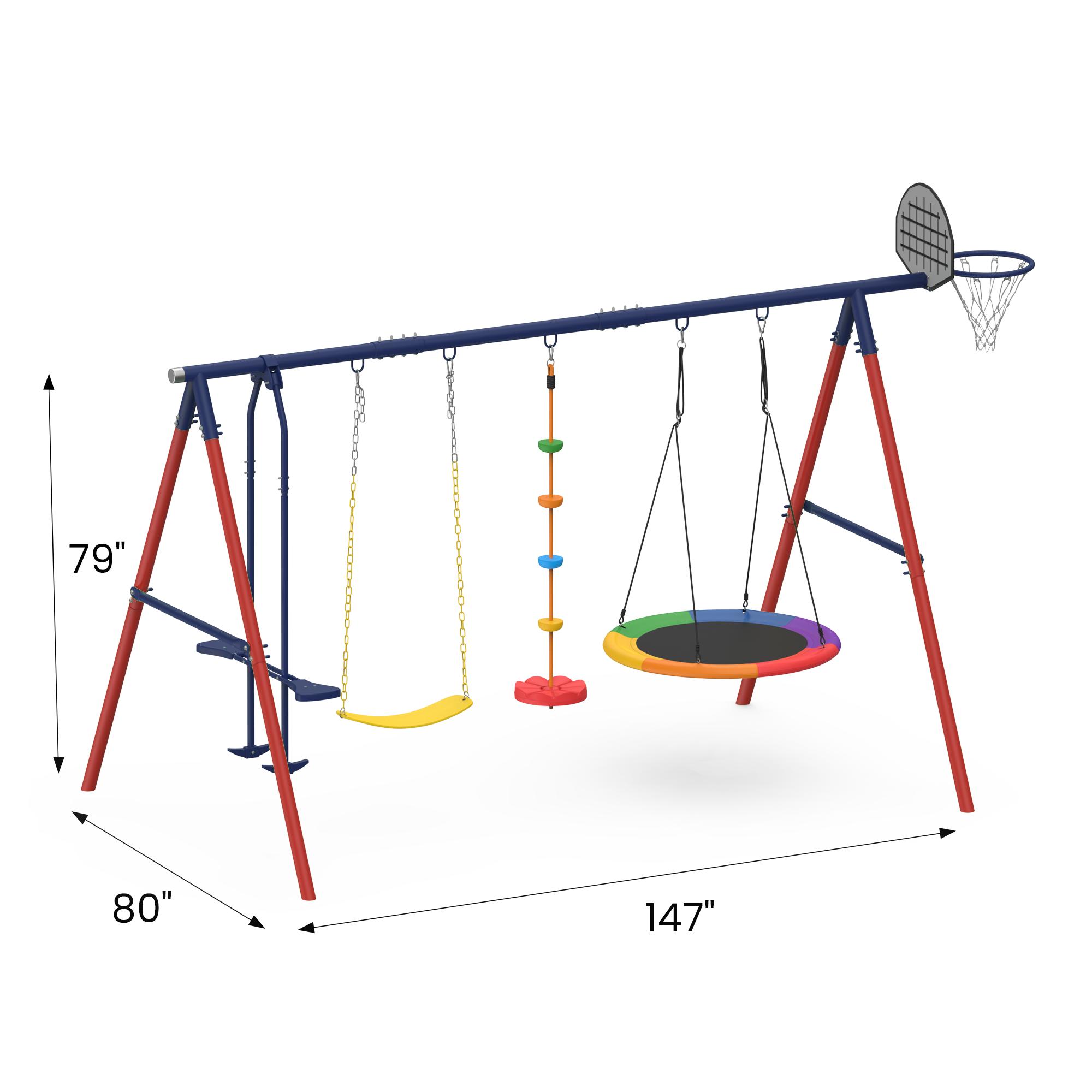 Homrest 5 in 1 Lifetime Swing Set for Backyard, Heavy Duty Kids Playground with Saucer Swing, Belt Swing, Seesaw, Basketball Hoop &  Rope Swing, Outdoor Playset Holds Up to 440 lbs