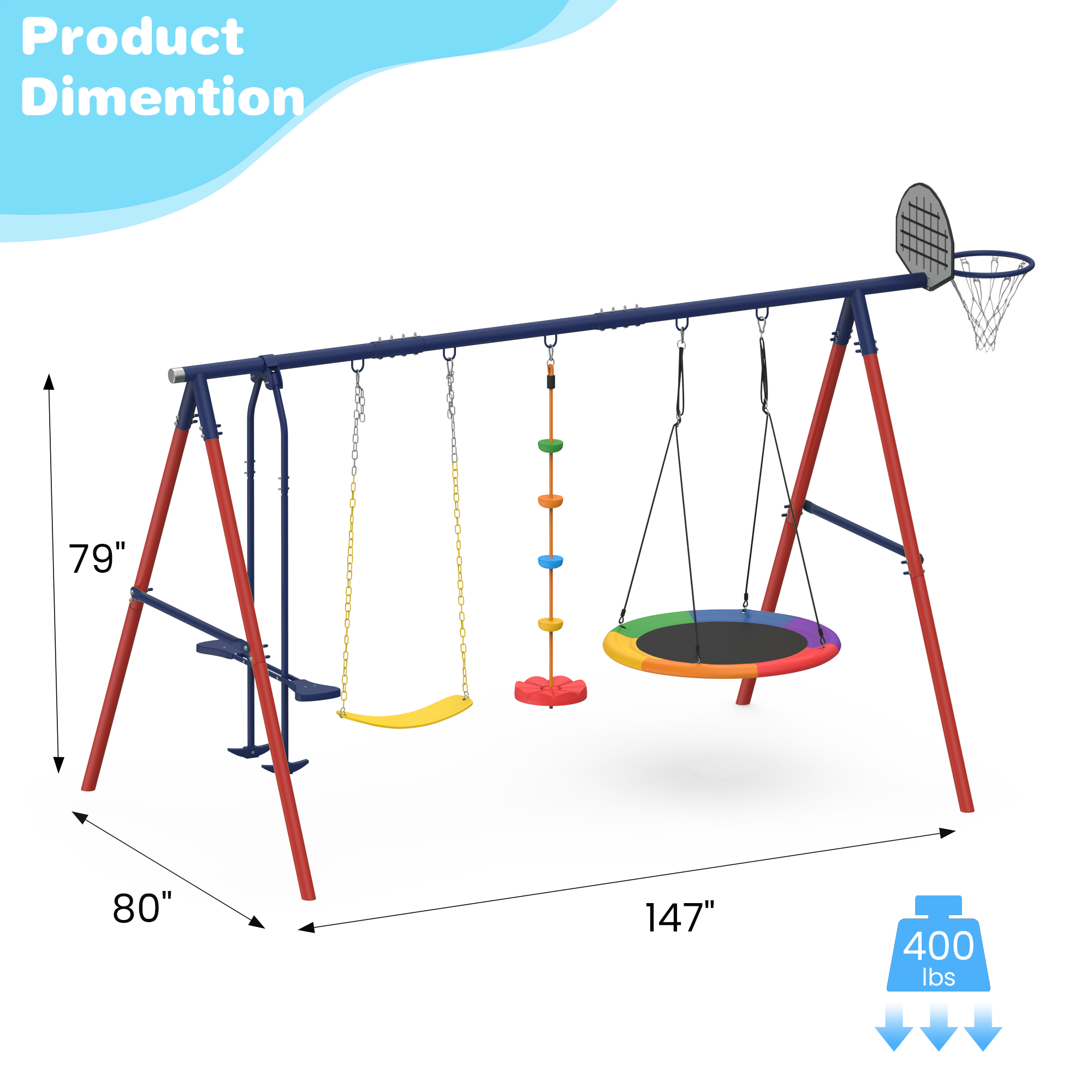 Homrest 5 in 1 Lifetime Swing Set for Backyard, Heavy Duty Kids Playground with Saucer Swing, Belt Swing, Seesaw, Basketball Hoop &  Rope Swing, Outdoor Playset Holds Up to 440 lbs