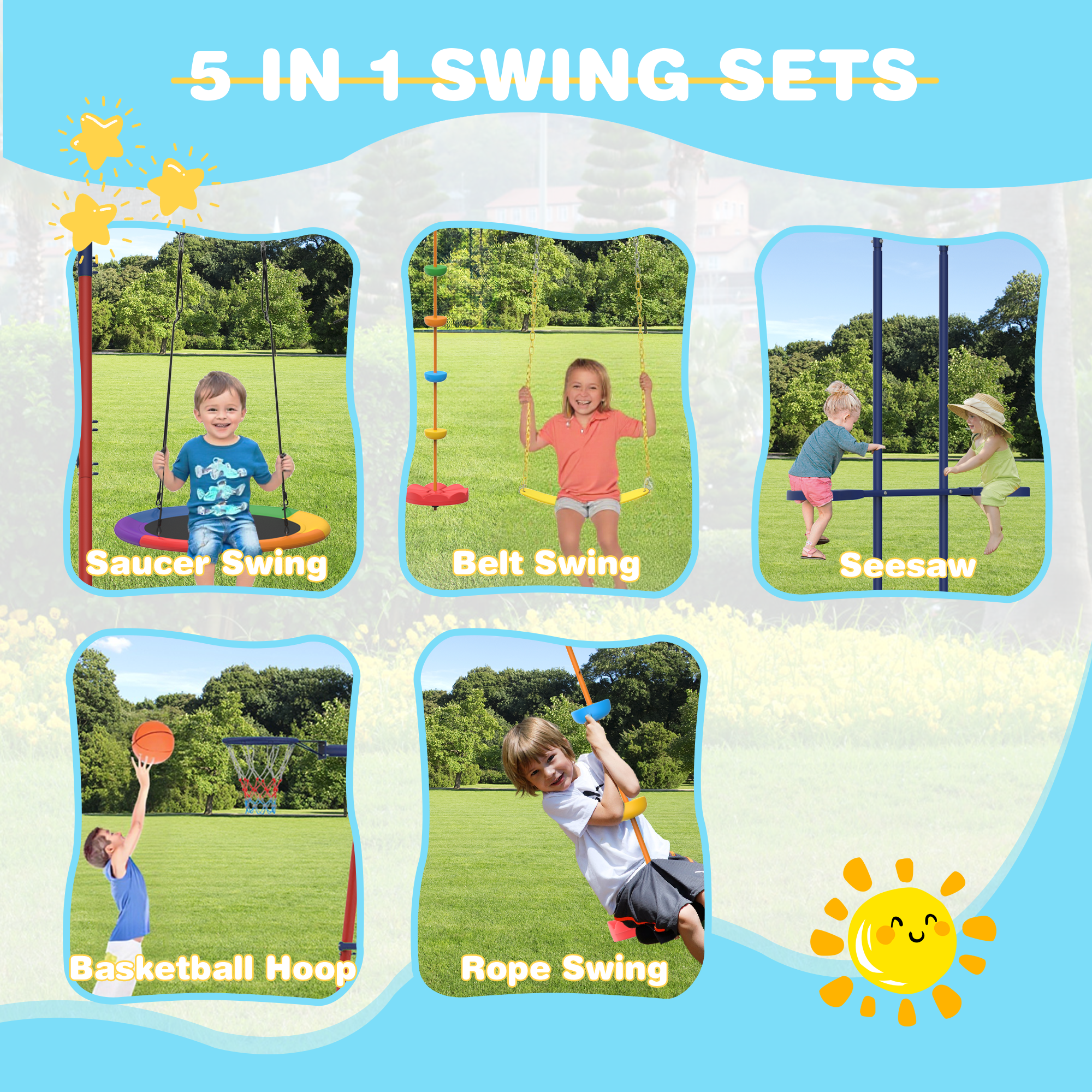 Homrest 5 in 1 Lifetime Swing Set for Backyard, Heavy Duty Kids Playground with Saucer Swing, Belt Swing, Seesaw, Basketball Hoop &  Rope Swing, Outdoor Playset Holds Up to 440 lbs