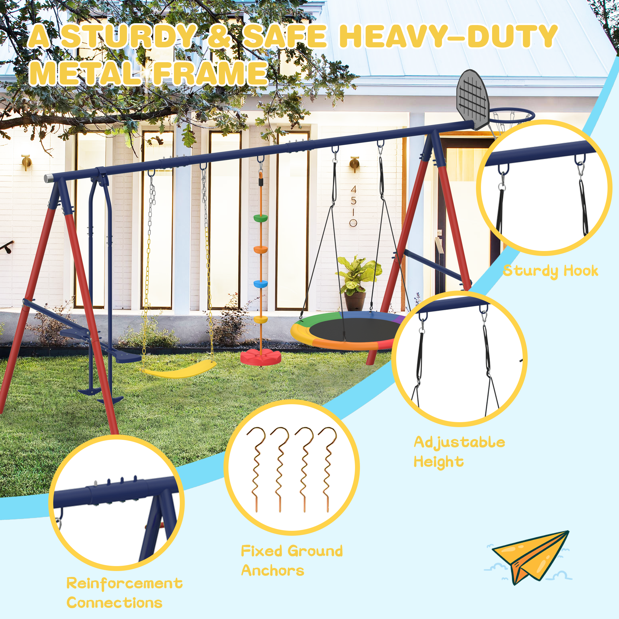 Homrest 5 in 1 Lifetime Swing Set for Backyard, Heavy Duty Kids Playground with Saucer Swing, Belt Swing, Seesaw, Basketball Hoop &  Rope Swing, Outdoor Playset Holds Up to 440 lbs