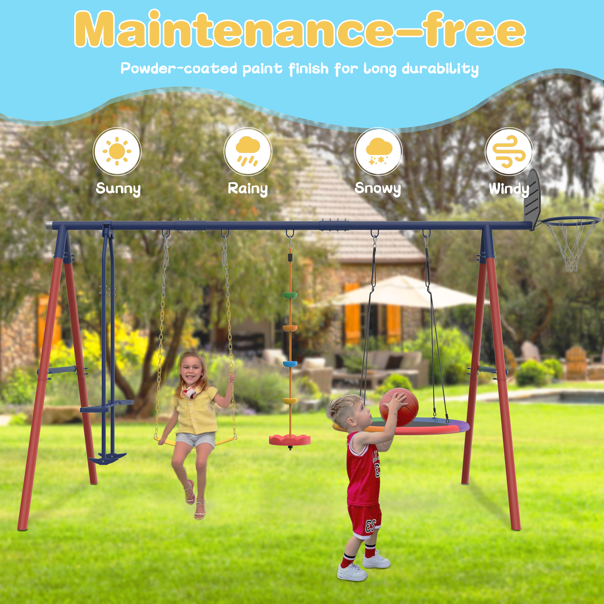 Homrest 5 in 1 Lifetime Swing Set for Backyard, Heavy Duty Kids Playground with Saucer Swing, Belt Swing, Seesaw, Basketball Hoop &  Rope Swing, Outdoor Playset Holds Up to 440 lbs