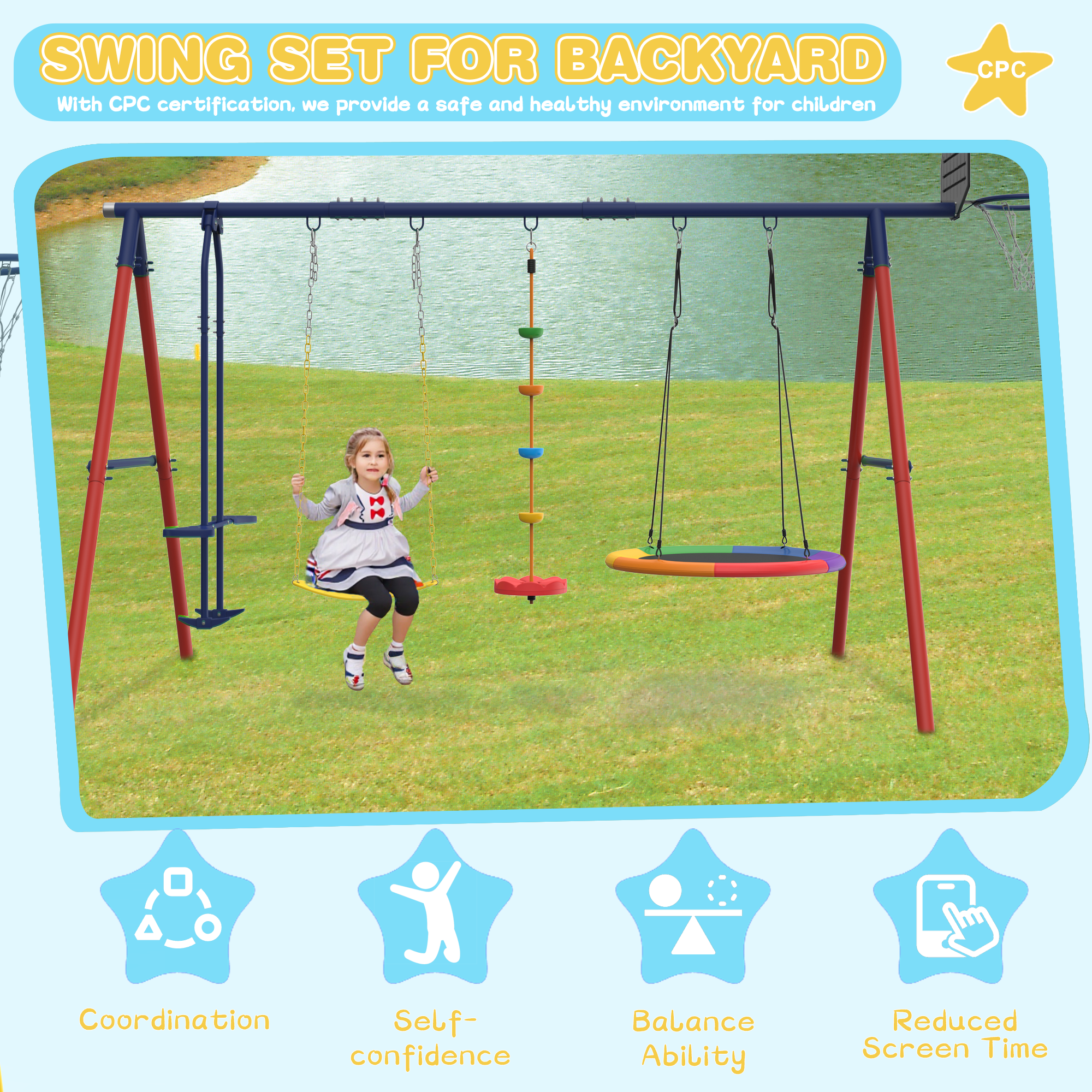 Homrest 5 in 1 Lifetime Swing Set for Backyard, Heavy Duty Kids Playground with Saucer Swing, Belt Swing, Seesaw, Basketball Hoop &  Rope Swing, Outdoor Playset Holds Up to 440 lbs