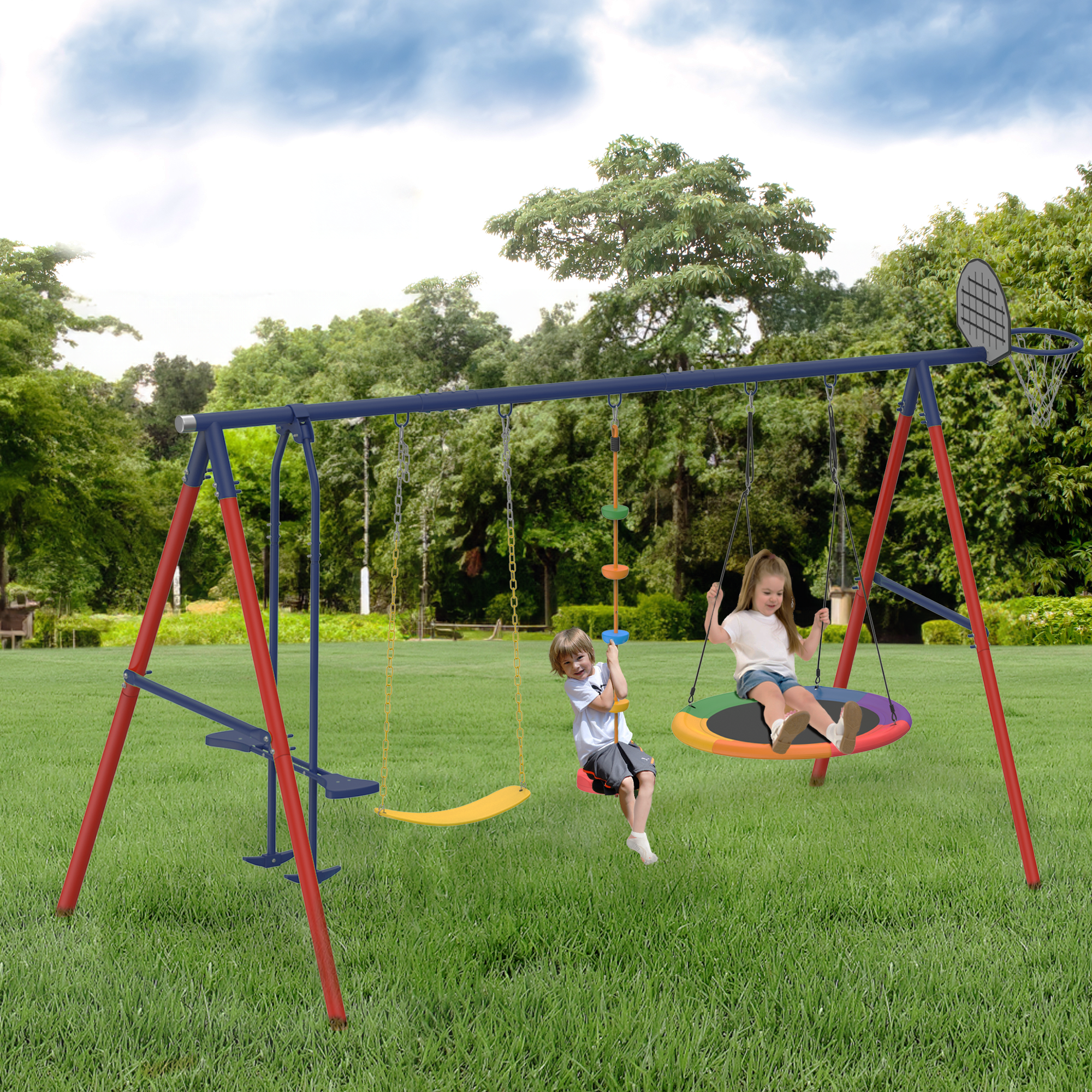 Homrest 5 in 1 Lifetime Swing Set for Backyard, Heavy Duty Kids Playground with Saucer Swing, Belt Swing, Seesaw, Basketball Hoop &  Rope Swing, Outdoor Playset Holds Up to 440 lbs