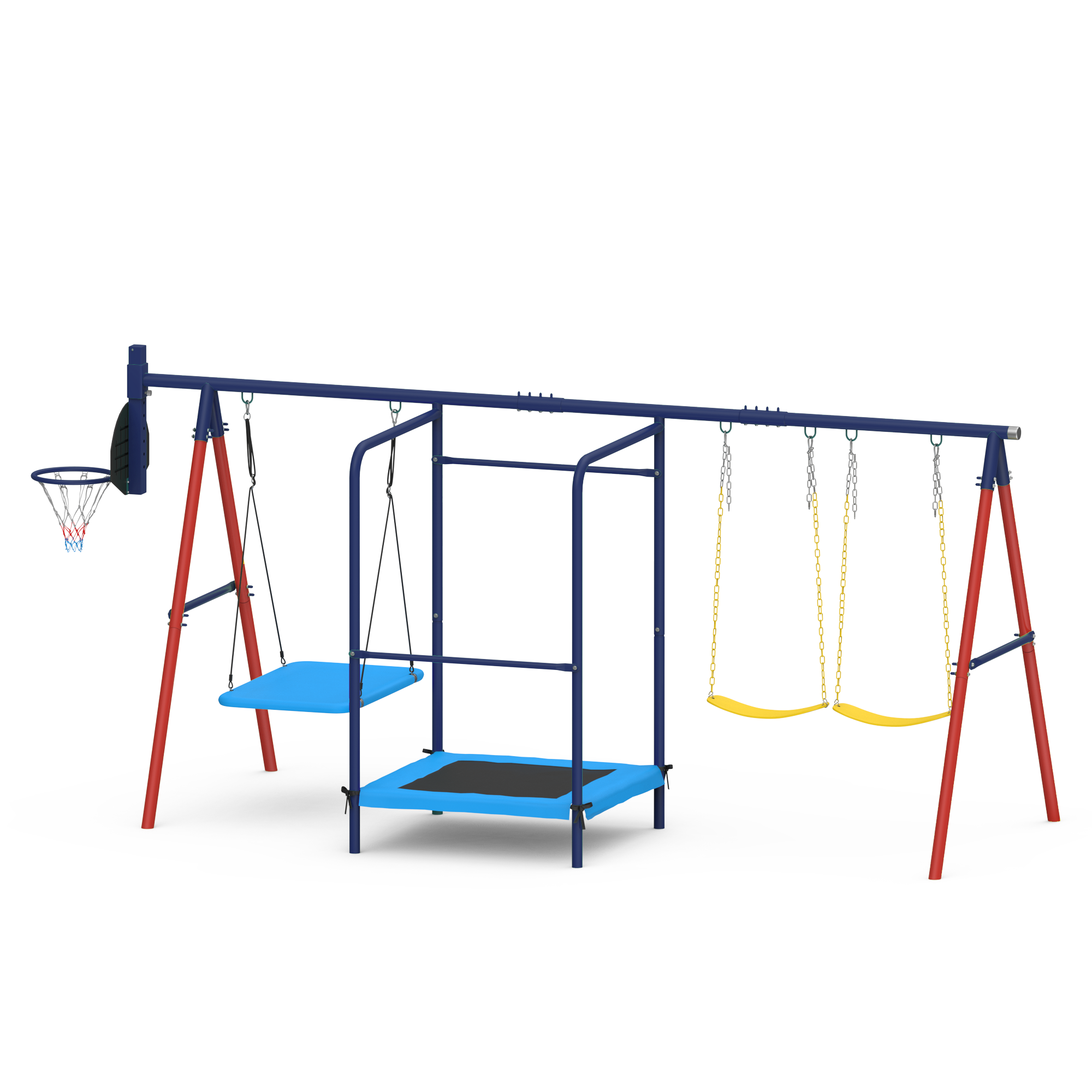 Homrest 5 in 1 Lifetime Swing Set for Backyard, Heavy Duty Metal Kids Playground with Trampoline, Saucer Swing, Belt Swings & Basketball Hoop, Outdoor Playset Holds Up to 440 lbs