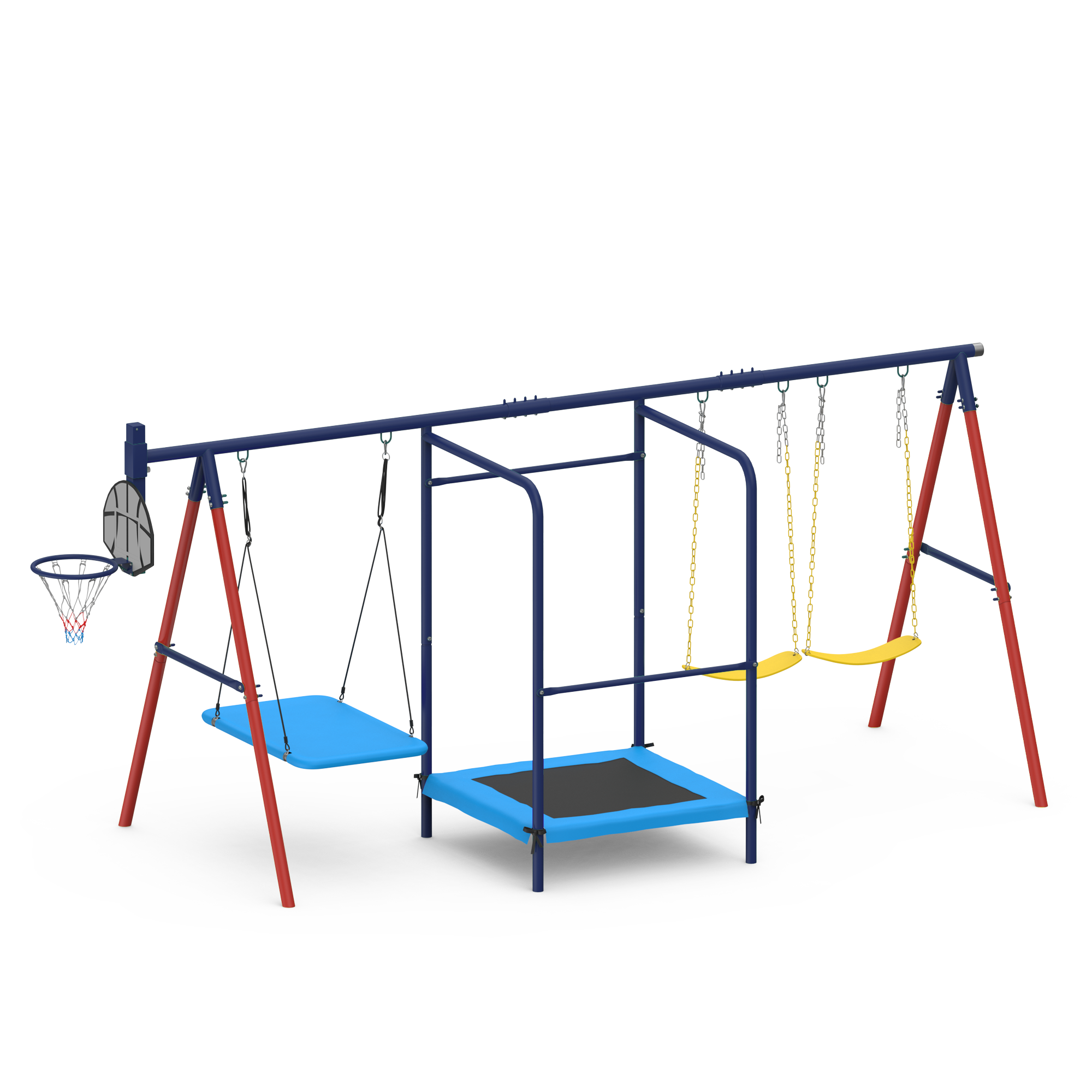 Homrest 5 in 1 Lifetime Swing Set for Backyard, Heavy Duty Metal Kids Playground with Trampoline, Saucer Swing, Belt Swings & Basketball Hoop, Outdoor Playset Holds Up to 440 lbs