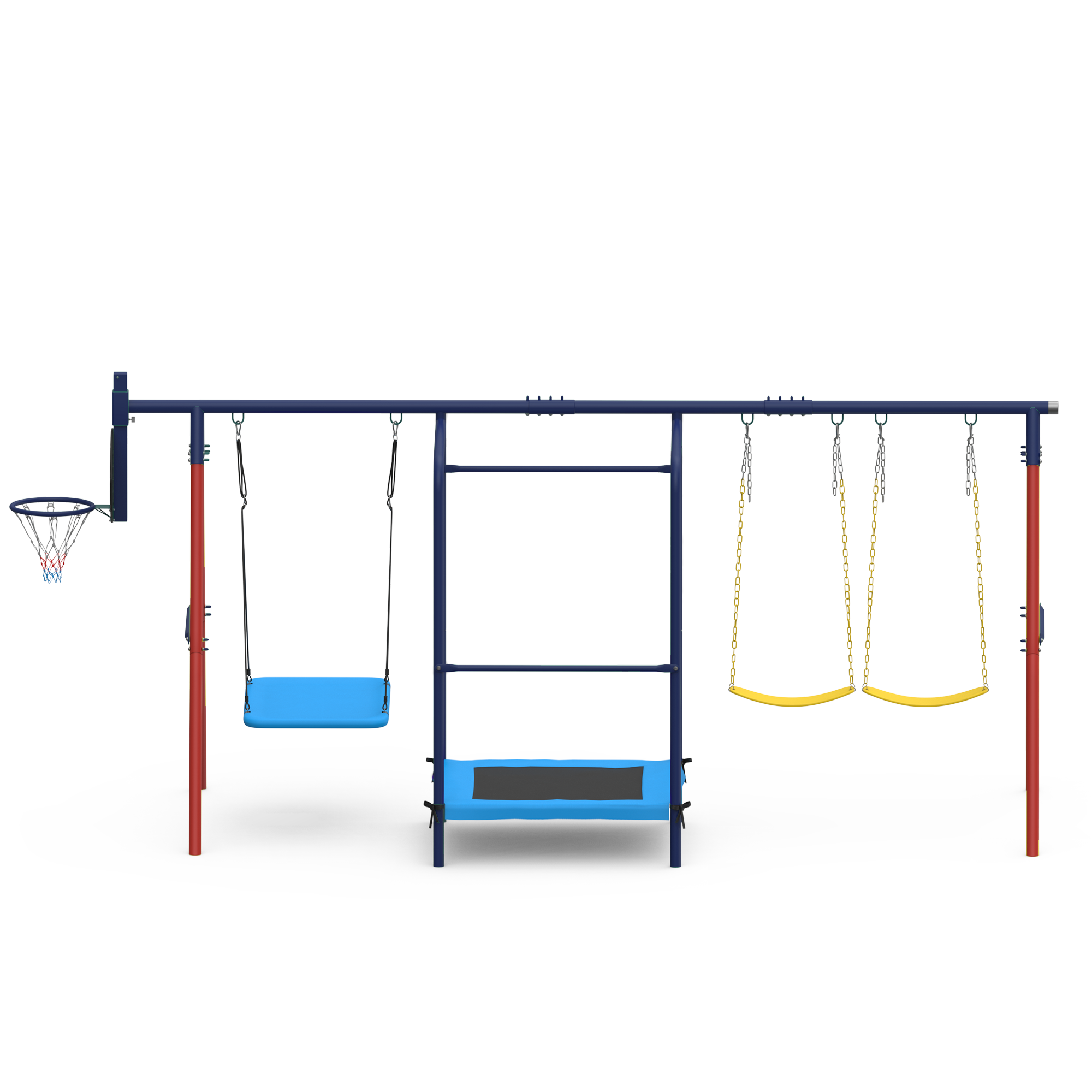 Homrest 5 in 1 Lifetime Swing Set for Backyard, Heavy Duty Metal Kids Playground with Trampoline, Saucer Swing, Belt Swings & Basketball Hoop, Outdoor Playset Holds Up to 440 lbs