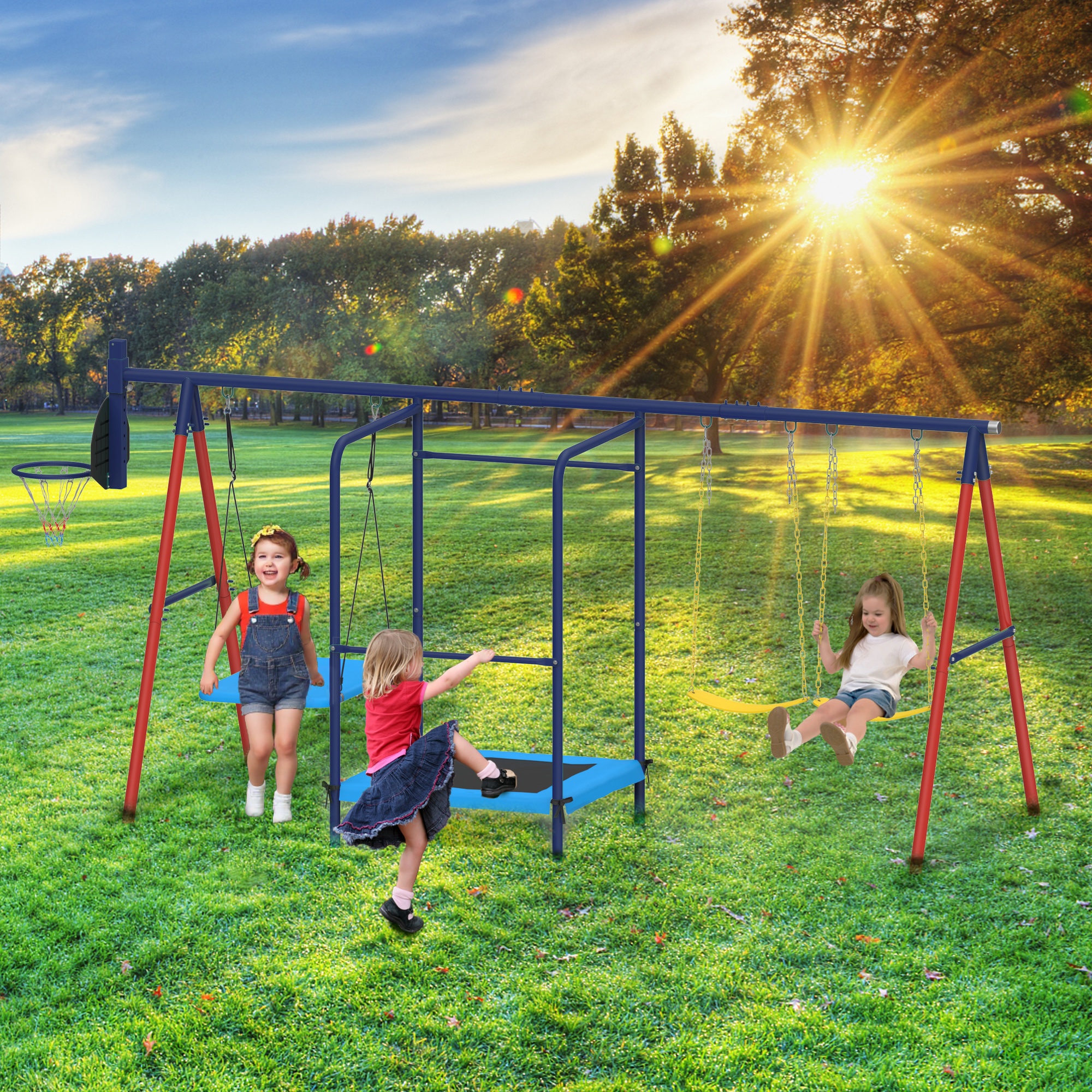 Homrest 5 in 1 Lifetime Swing Set for Backyard, Heavy Duty Metal Kids Playground with Trampoline, Saucer Swing, Belt Swings & Basketball Hoop, Outdoor Playset Holds Up to 440 lbs