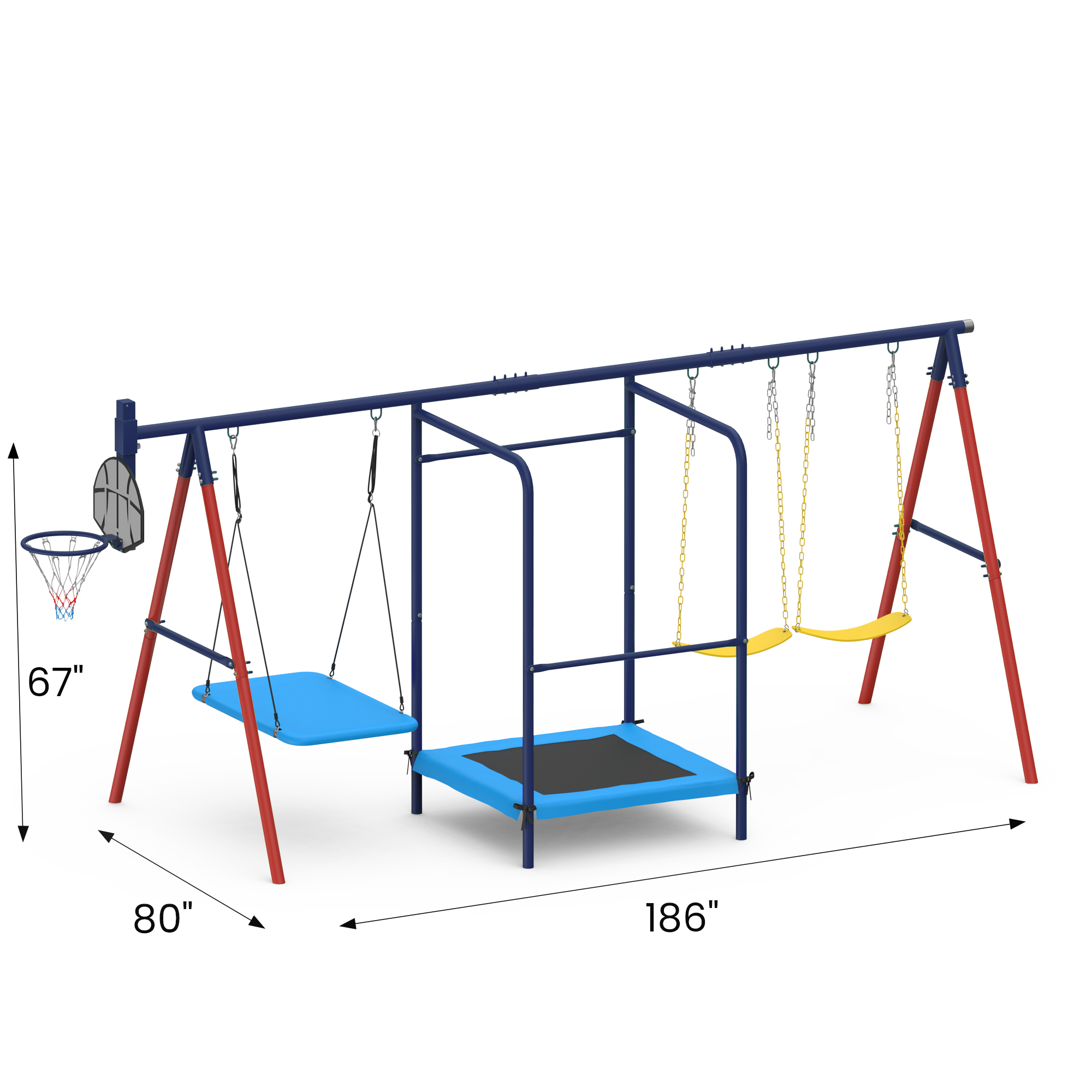 Homrest 5 in 1 Lifetime Swing Set for Backyard, Heavy Duty Metal Kids Playground with Trampoline, Saucer Swing, Belt Swings & Basketball Hoop, Outdoor Playset Holds Up to 440 lbs