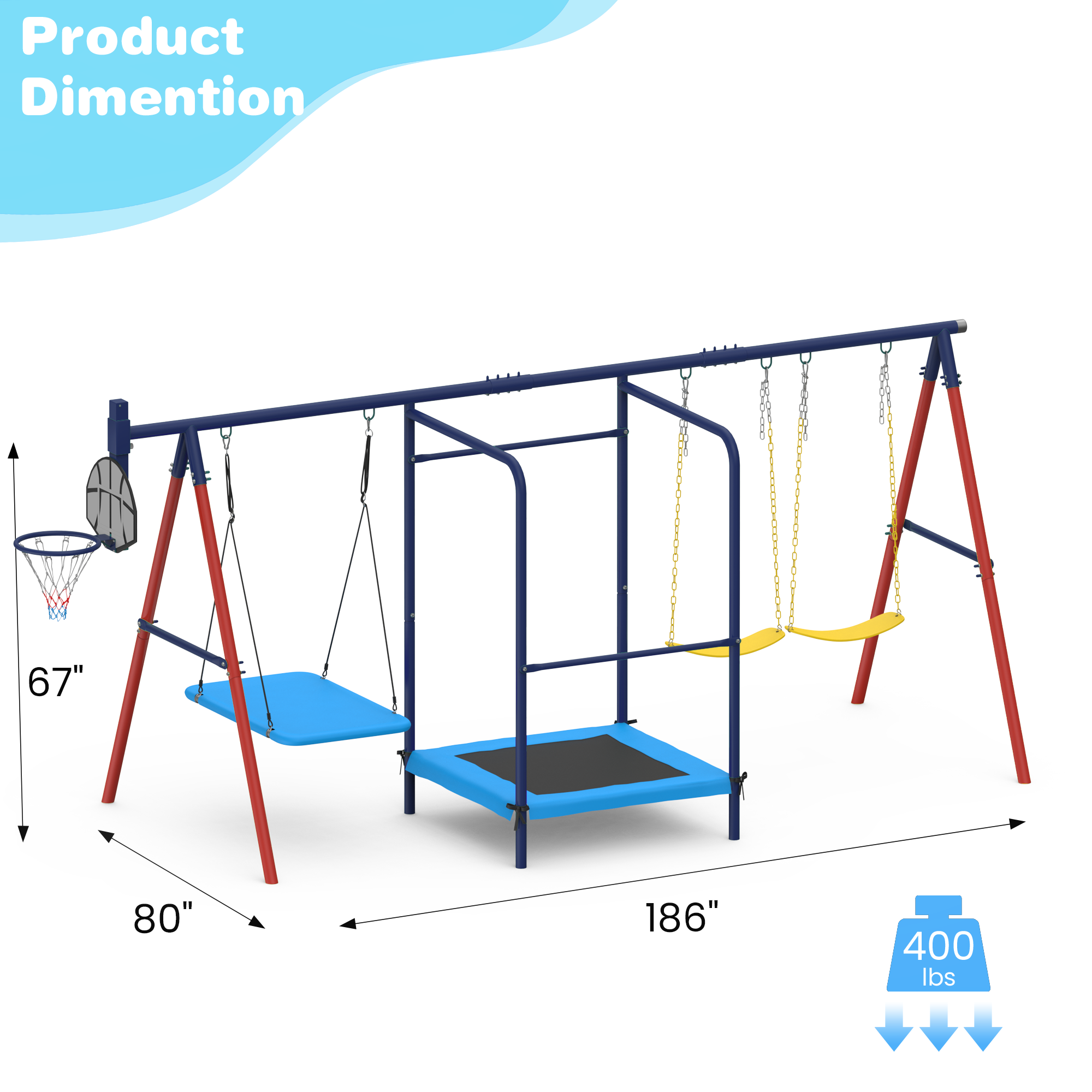 Homrest 5 in 1 Lifetime Swing Set for Backyard, Heavy Duty Metal Kids Playground with Trampoline, Saucer Swing, Belt Swings & Basketball Hoop, Outdoor Playset Holds Up to 440 lbs