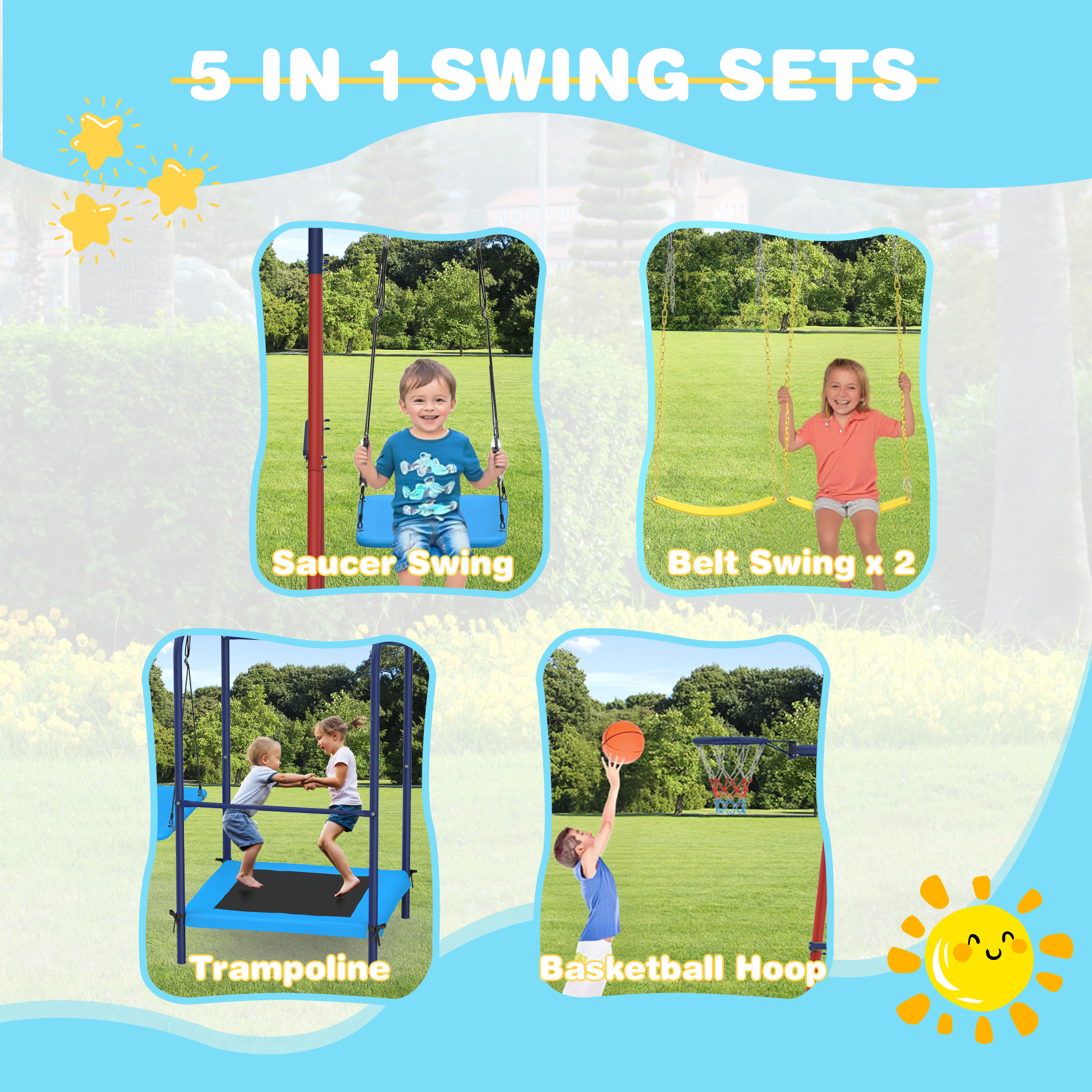 Homrest 5 in 1 Lifetime Swing Set for Backyard, Heavy Duty Metal Kids Playground with Trampoline, Saucer Swing, Belt Swings & Basketball Hoop, Outdoor Playset Holds Up to 440 lbs