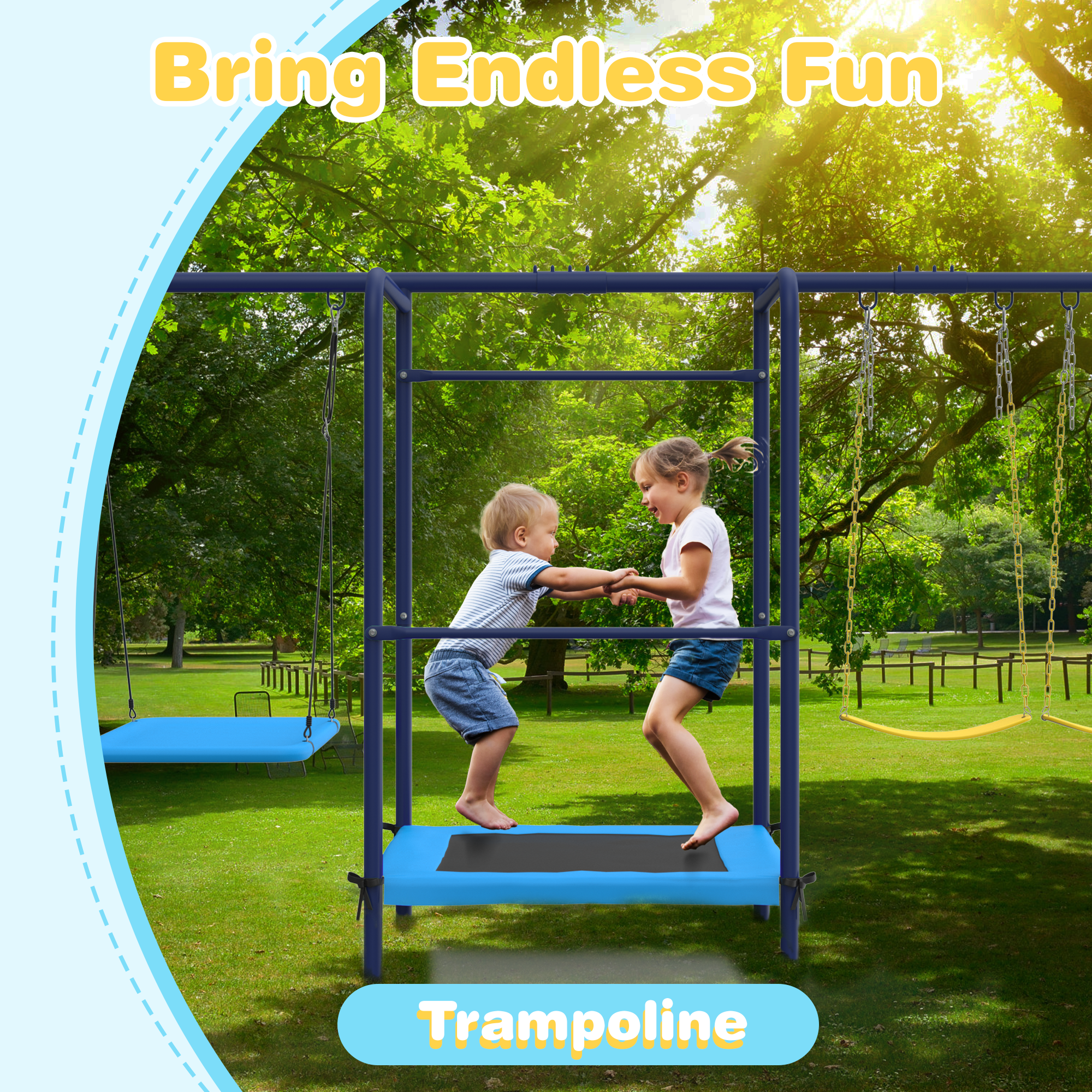 Homrest 5 in 1 Lifetime Swing Set for Backyard, Heavy Duty Metal Kids Playground with Trampoline, Saucer Swing, Belt Swings & Basketball Hoop, Outdoor Playset Holds Up to 440 lbs