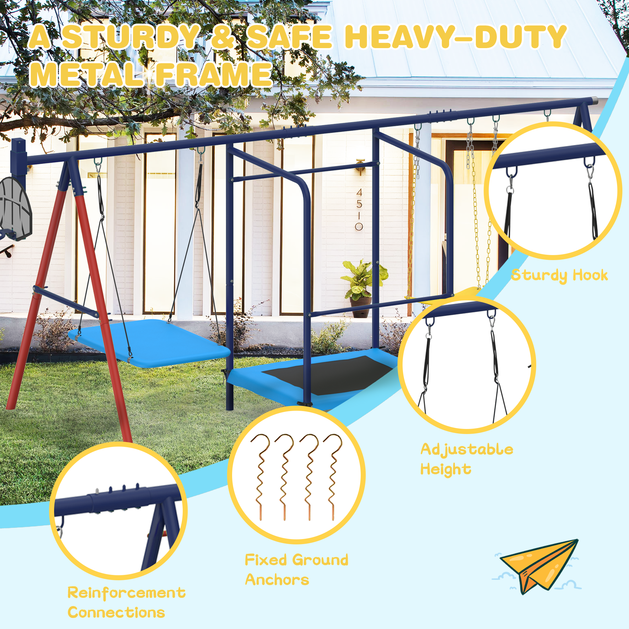 Homrest 5 in 1 Lifetime Swing Set for Backyard, Heavy Duty Metal Kids Playground with Trampoline, Saucer Swing, Belt Swings & Basketball Hoop, Outdoor Playset Holds Up to 440 lbs